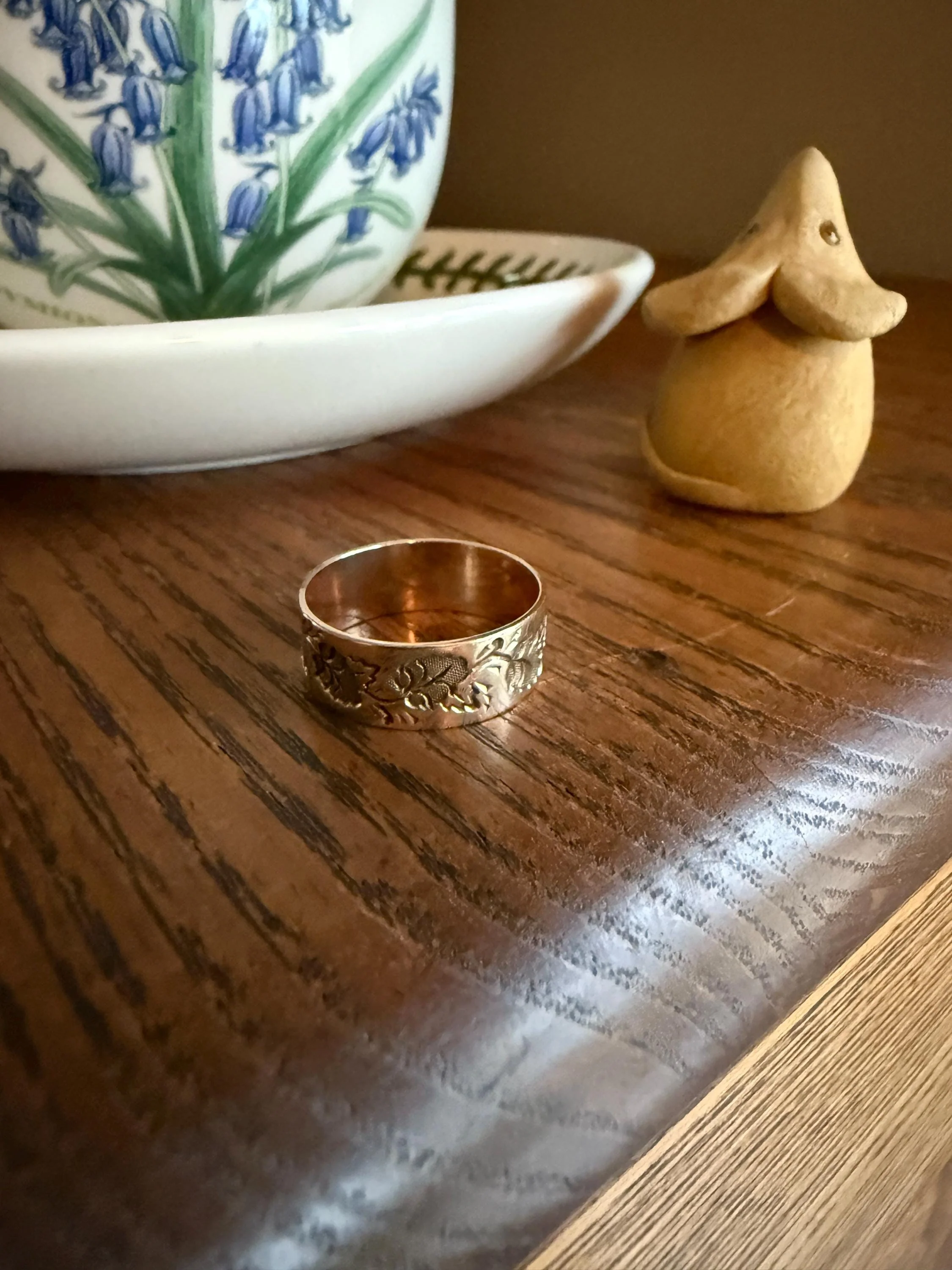 LEAVES Victorian Wedding Ring 7mm Wide Cigar Band Antique 10k Gold Solid Rosy Eternity Stacker Romantic Gift Geometric Double Line Leaf Vine - Image 3