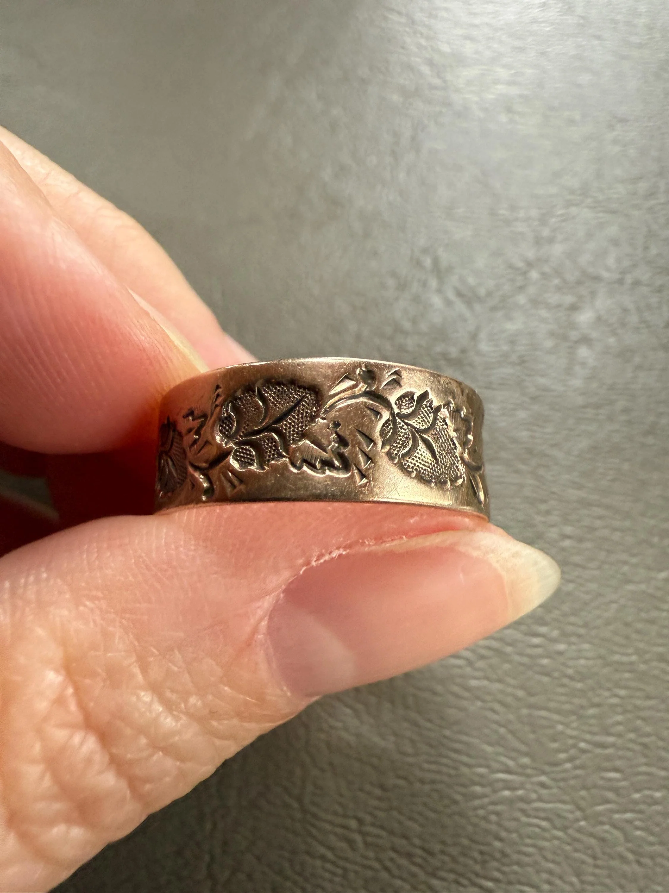 LEAVES Victorian Wedding Ring 7mm Wide Cigar Band Antique 10k Gold Solid Rosy Eternity Stacker Romantic Gift Geometric Double Line Leaf Vine - Image 4