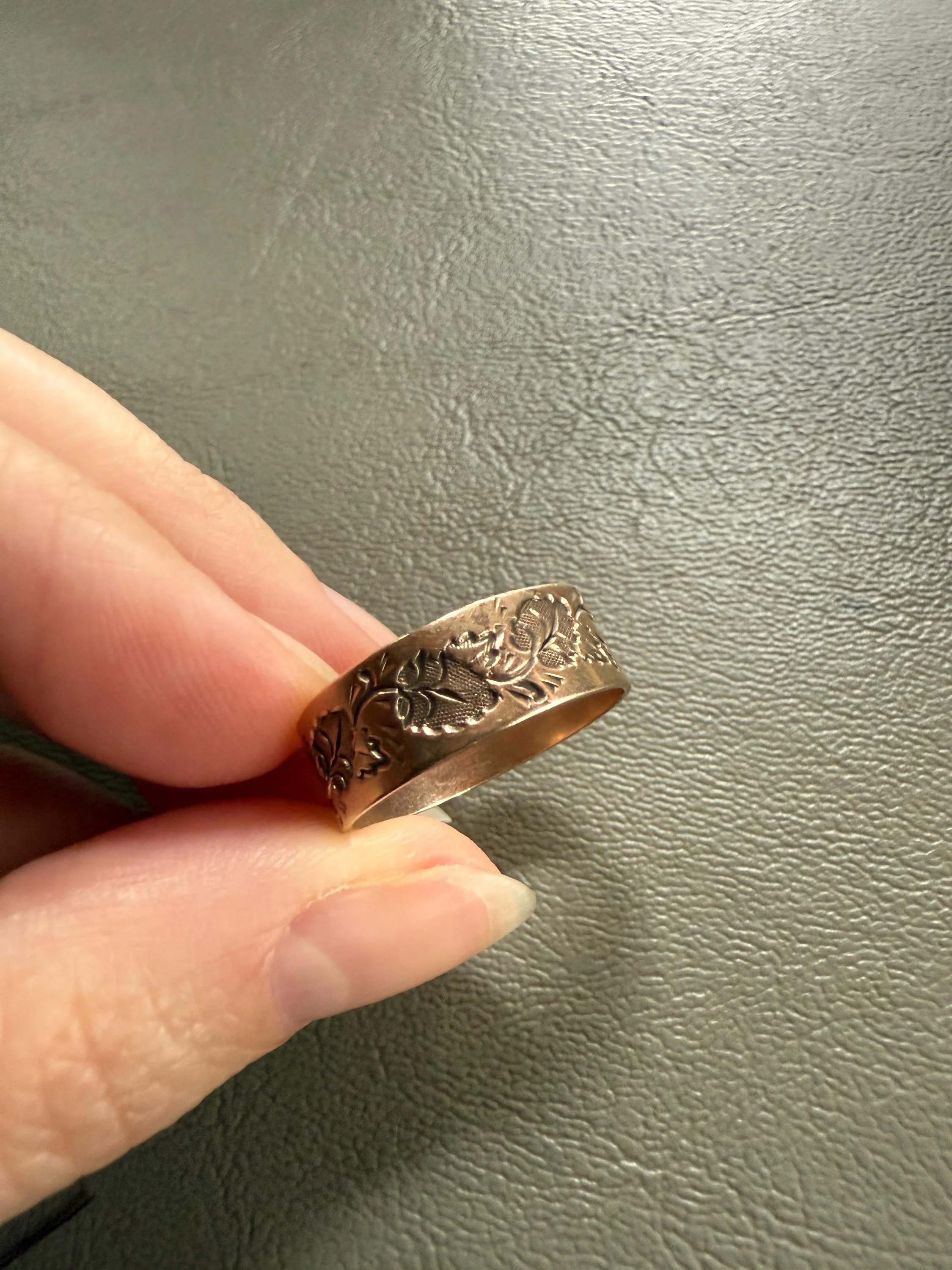 LEAVES Victorian Wedding Ring 7mm Wide Cigar Band Antique 10k Gold Solid Rosy Eternity Stacker Romantic Gift Geometric Double Line Leaf Vine - Image 5