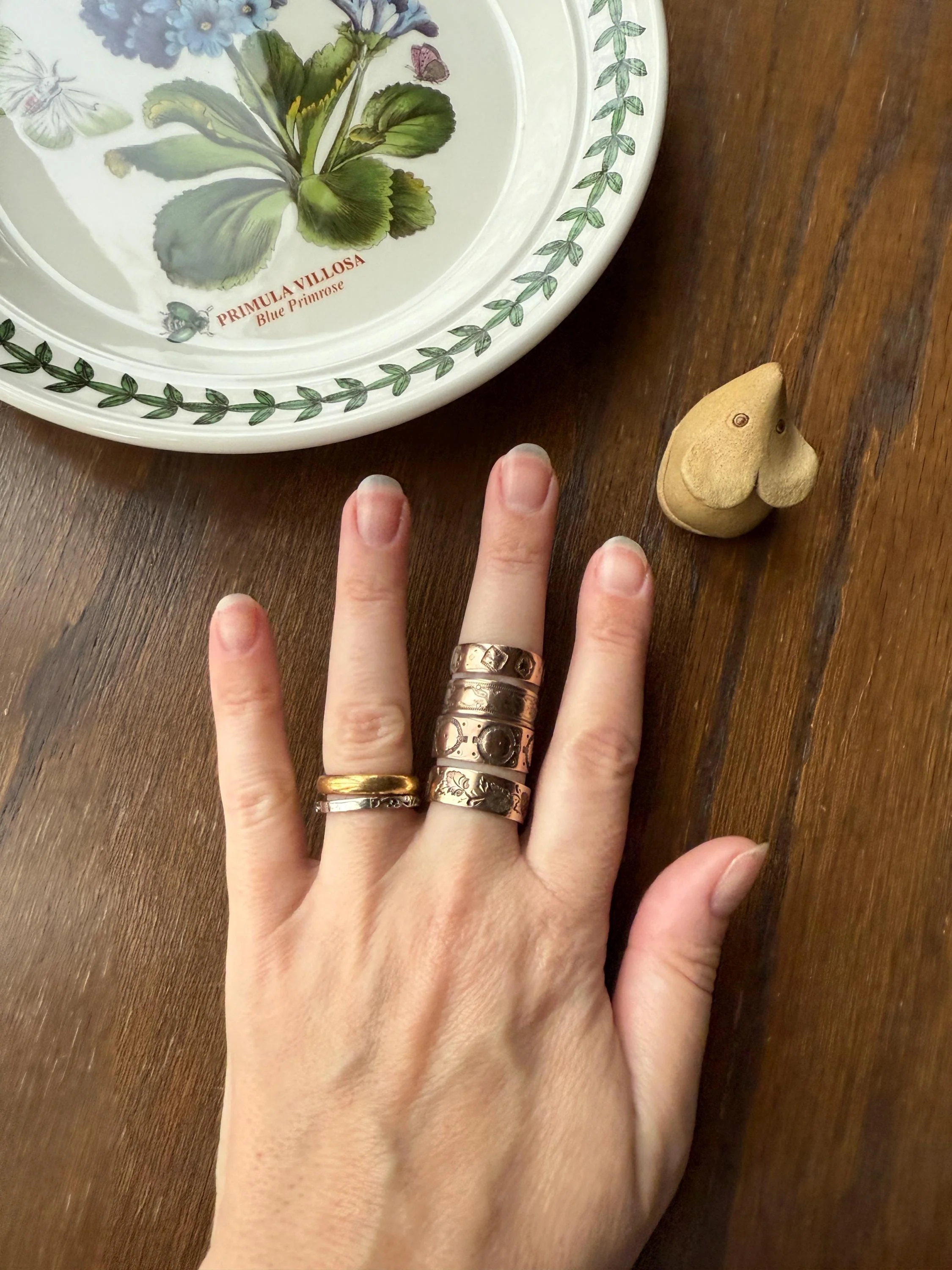 LEAVES Victorian Wedding Ring 7mm Wide Cigar Band Antique 10k Gold Solid Rosy Eternity Stacker Romantic Gift Geometric Double Line Leaf Vine - Image 8
