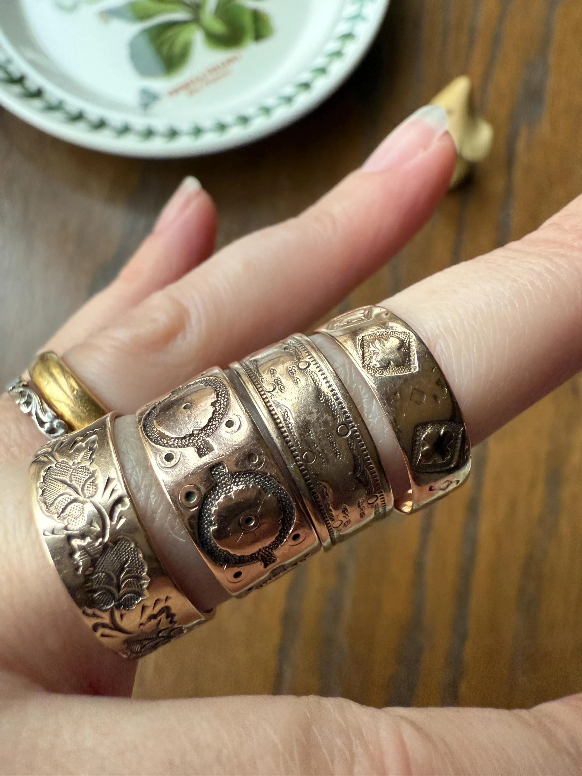 LEAVES Victorian Wedding Ring 7mm Wide Cigar Band Antique 10k Gold Solid Rosy Eternity Stacker Romantic Gift Geometric Double Line Leaf Vine - Image 9