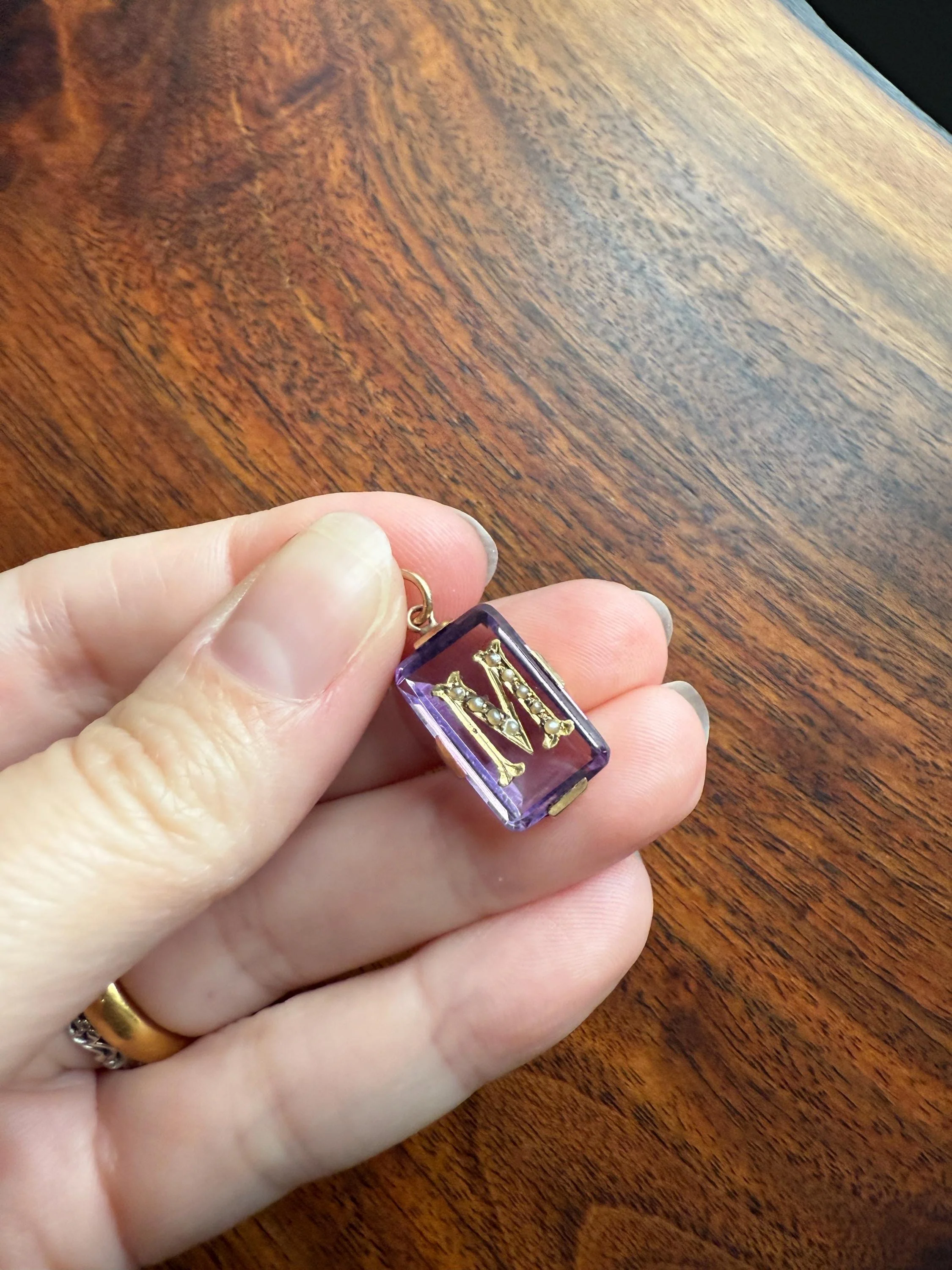 LETTER M Amethyst French Antique Victorian 18k Gold Figural Pendant Rosy Belle Epoque Necklace Bracelet Charm Lilac Purple Pearl Inlay - Image 10