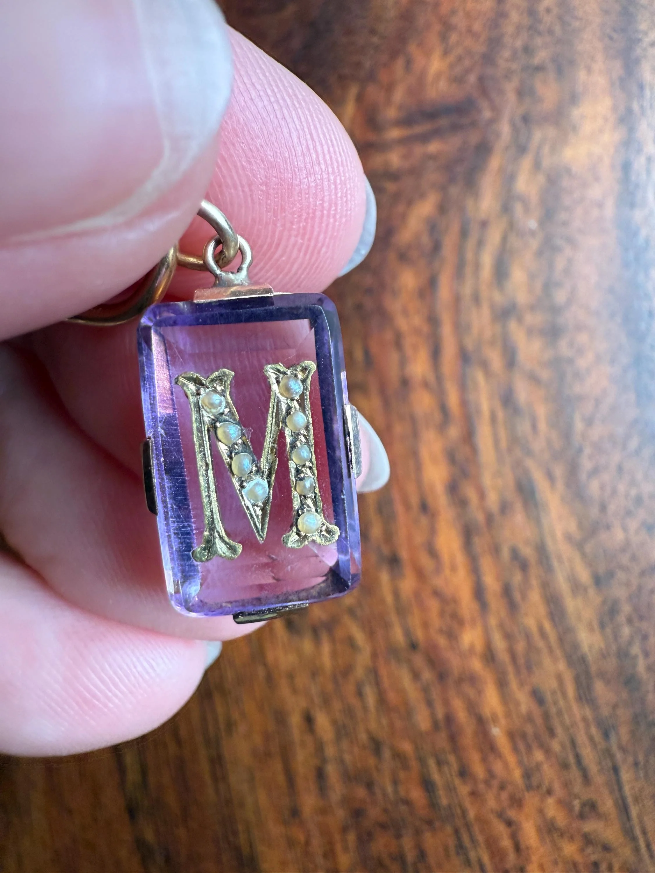 LETTER M Amethyst French Antique Victorian 18k Gold Figural Pendant Rosy Belle Epoque Necklace Bracelet Charm Lilac Purple Pearl Inlay - Image 11