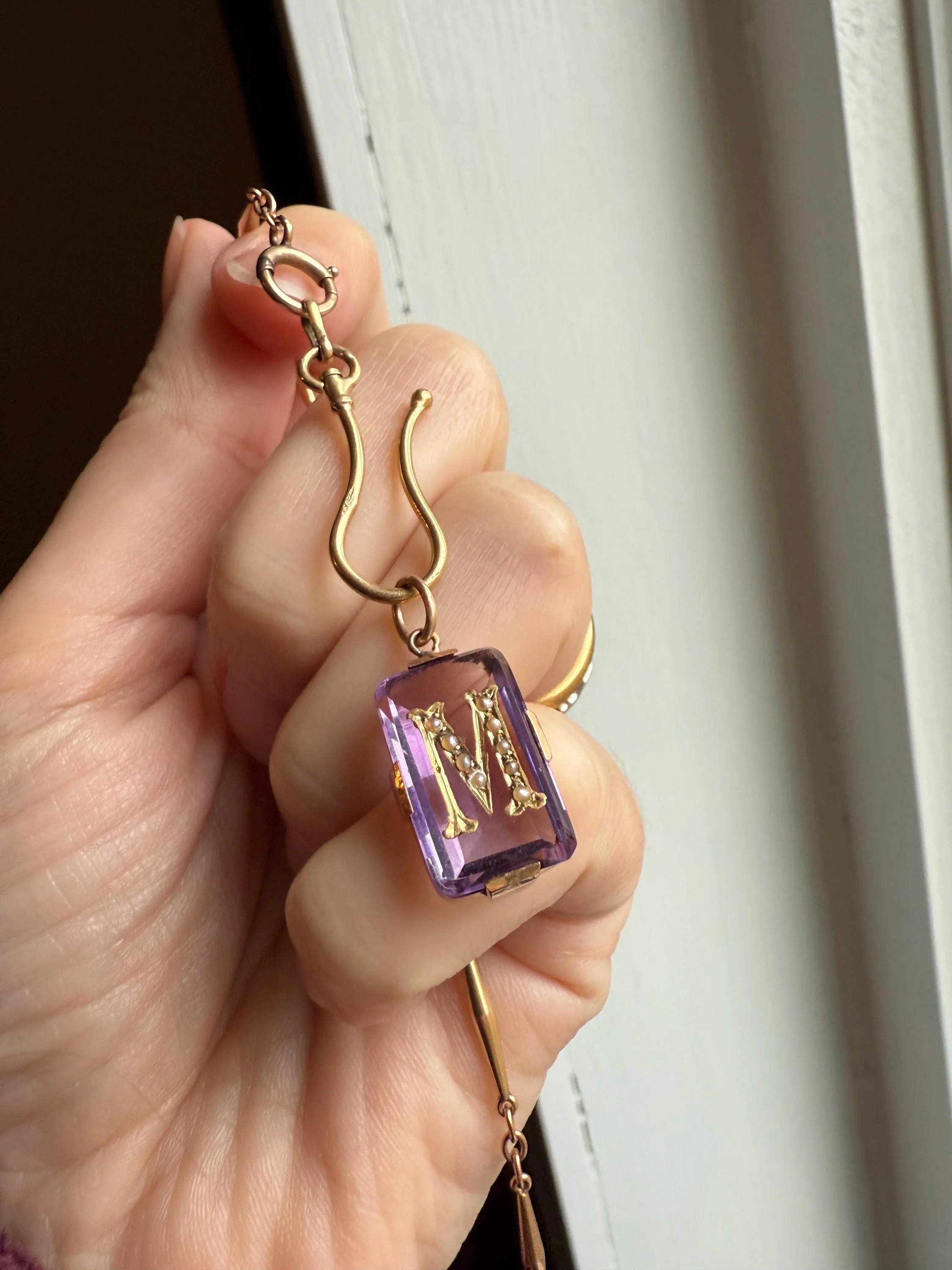 LETTER M Amethyst French Antique Victorian 18k Gold Figural Pendant Rosy Belle Epoque Necklace Bracelet Charm Lilac Purple Pearl Inlay - Image 2
