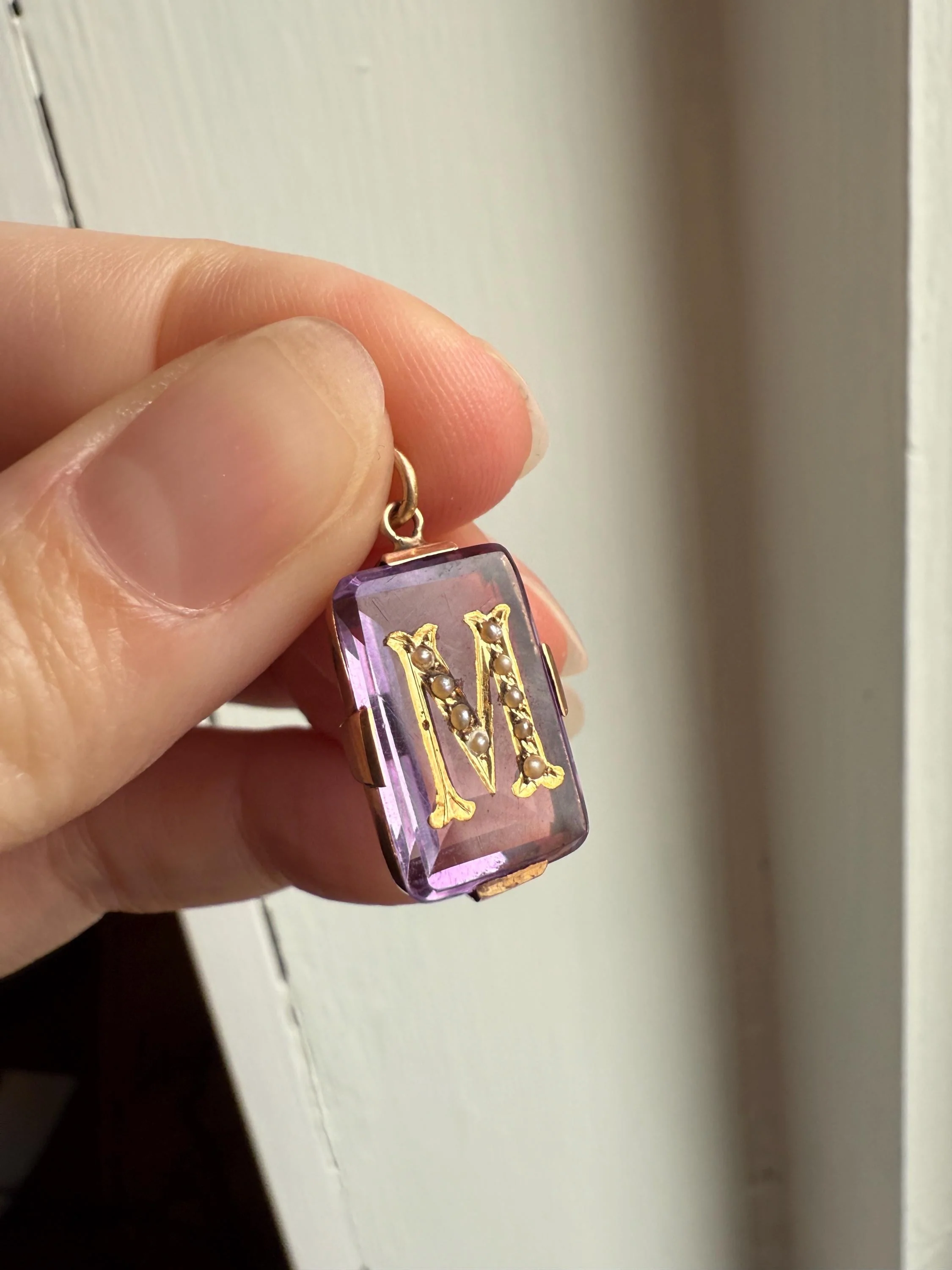 LETTER M Amethyst French Antique Victorian 18k Gold Figural Pendant Rosy Belle Epoque Necklace Bracelet Charm Lilac Purple Pearl Inlay - Image 3