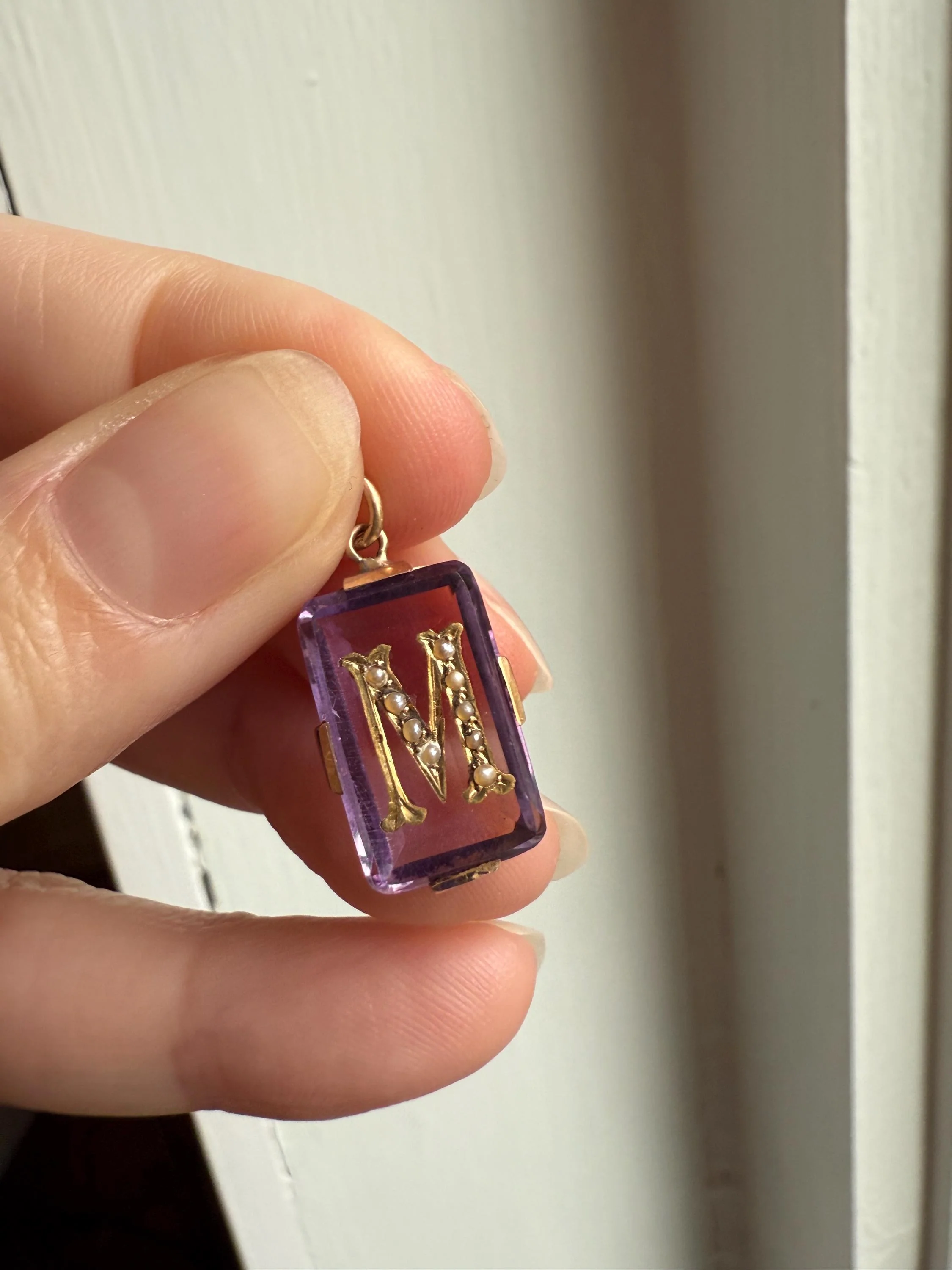 LETTER M Amethyst French Antique Victorian 18k Gold Figural Pendant Rosy Belle Epoque Necklace Bracelet Charm Lilac Purple Pearl Inlay - Image 4