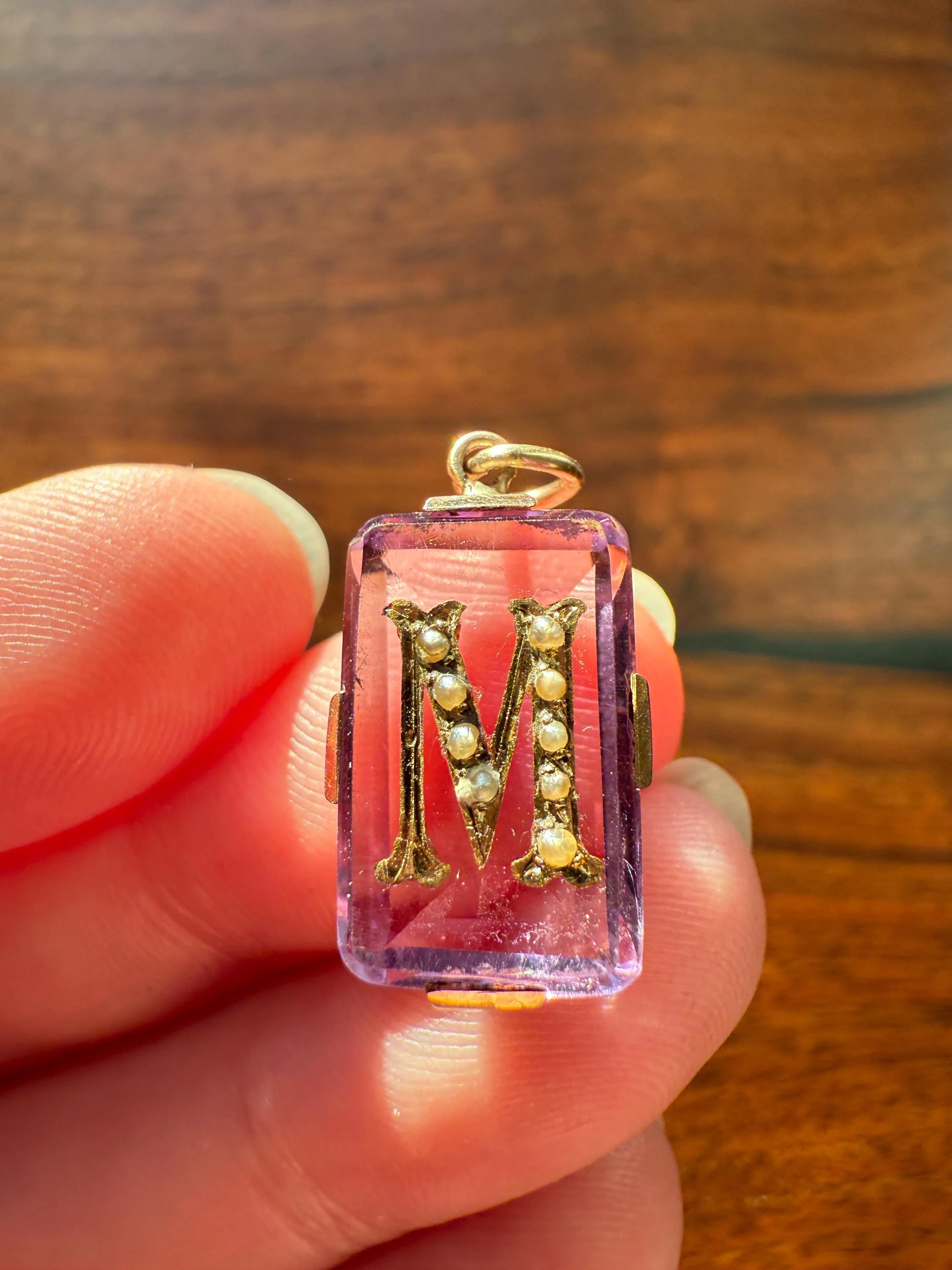 LETTER M Amethyst French Antique Victorian 18k Gold Figural Pendant Rosy Belle Epoque Necklace Bracelet Charm Lilac Purple Pearl Inlay - Image 5