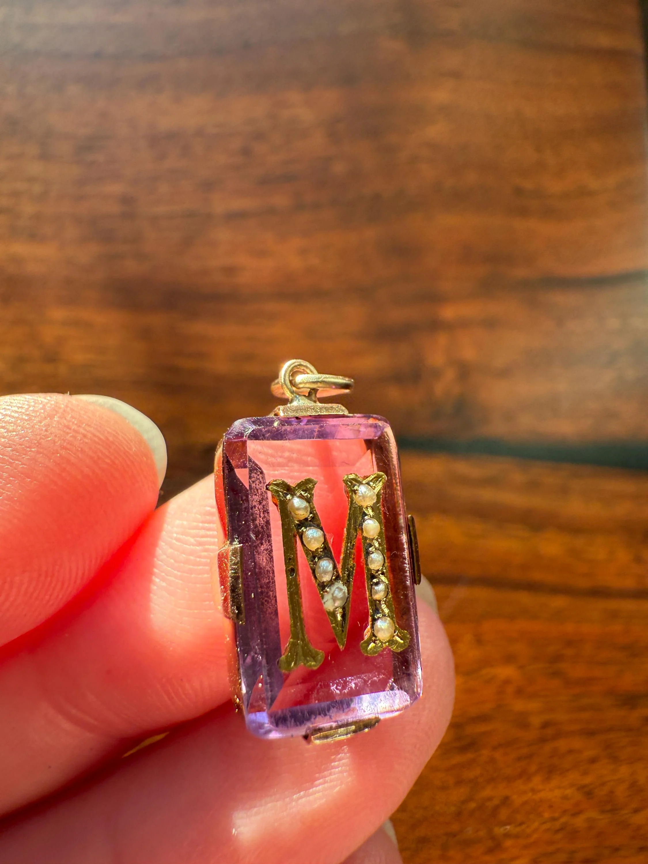 LETTER M Amethyst French Antique Victorian 18k Gold Figural Pendant Rosy Belle Epoque Necklace Bracelet Charm Lilac Purple Pearl Inlay - Image 6