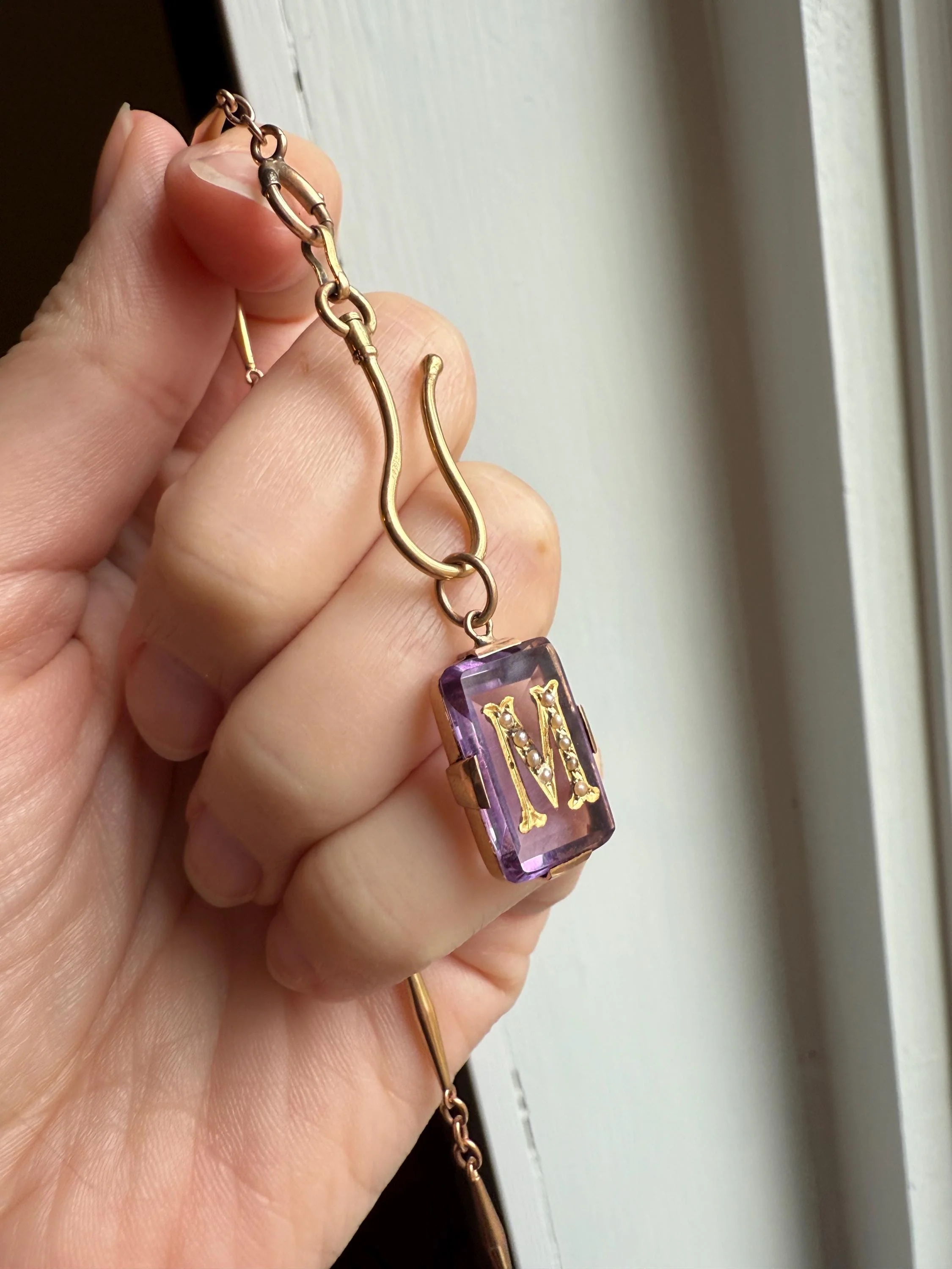 LETTER M Amethyst French Antique Victorian 18k Gold Figural Pendant Rosy Belle Epoque Necklace Bracelet Charm Lilac Purple Pearl Inlay - Image 7