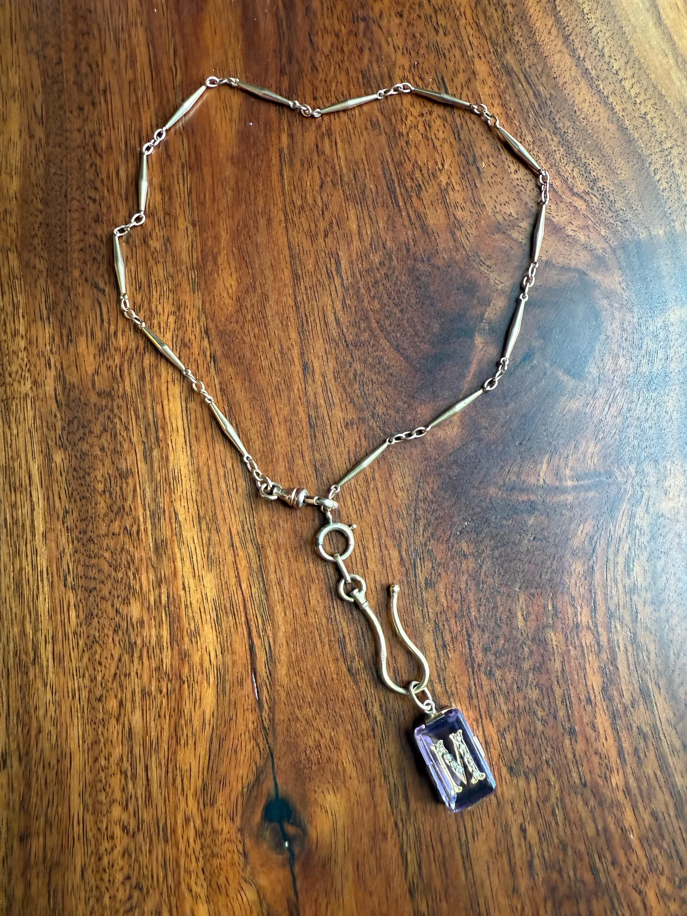 LETTER M Amethyst French Antique Victorian 18k Gold Figural Pendant Rosy Belle Epoque Necklace Bracelet Charm Lilac Purple Pearl Inlay - Image 9