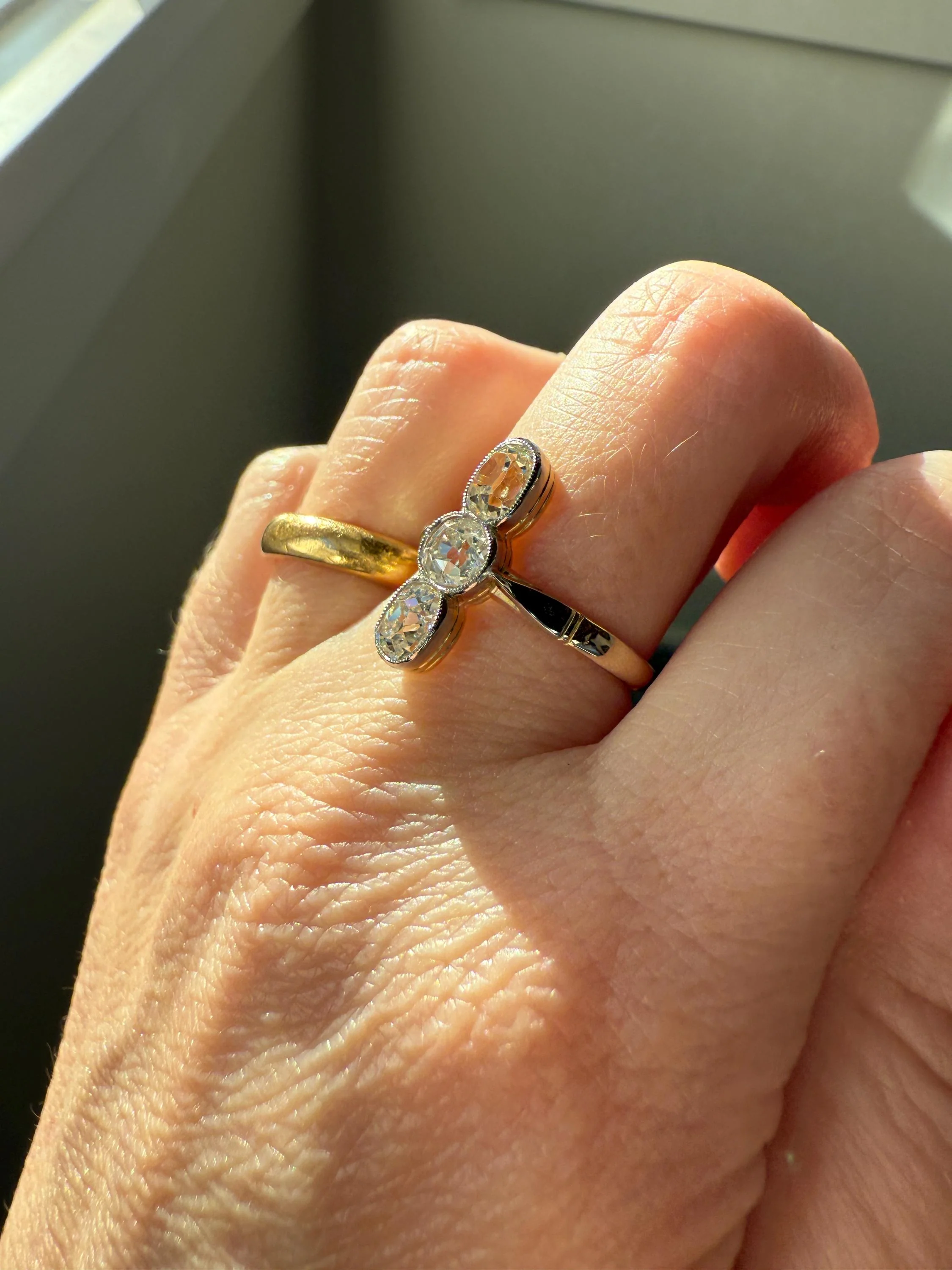 LINEAR 1.7 Carat Elongated Old Mine Cut DIAMONDS Oval & Round Three Stone Ring Chunky French ANTIQUE 18k Gold Unique Bezel Set - Image 2