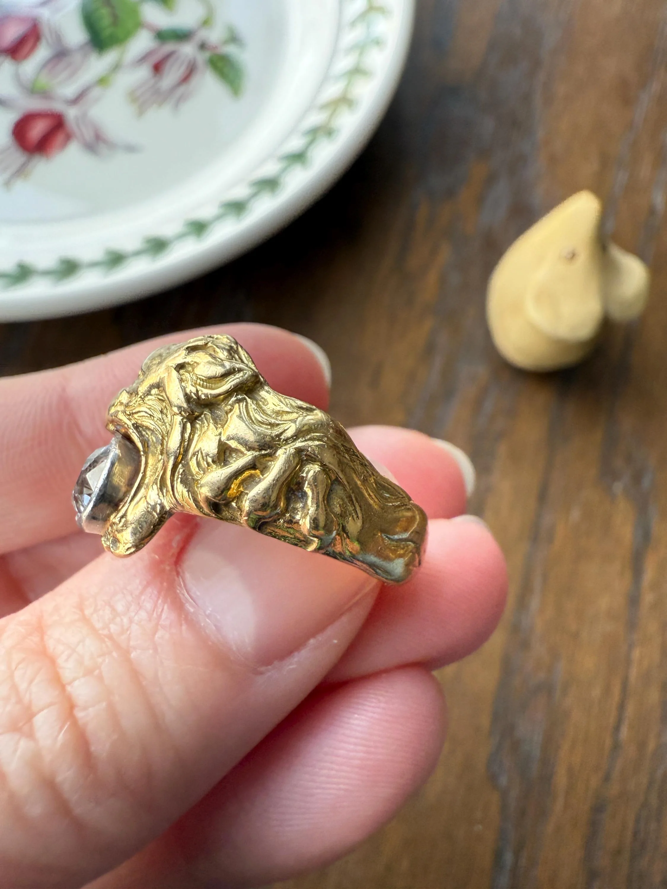 LION Antique HEAVY French 13.6g 18k GOLD Solid Ring One Carat Old Mine Cut Diamond Wide Band 3D Gift Figural Animal Jewelry Man Unisex OmC - Image 10