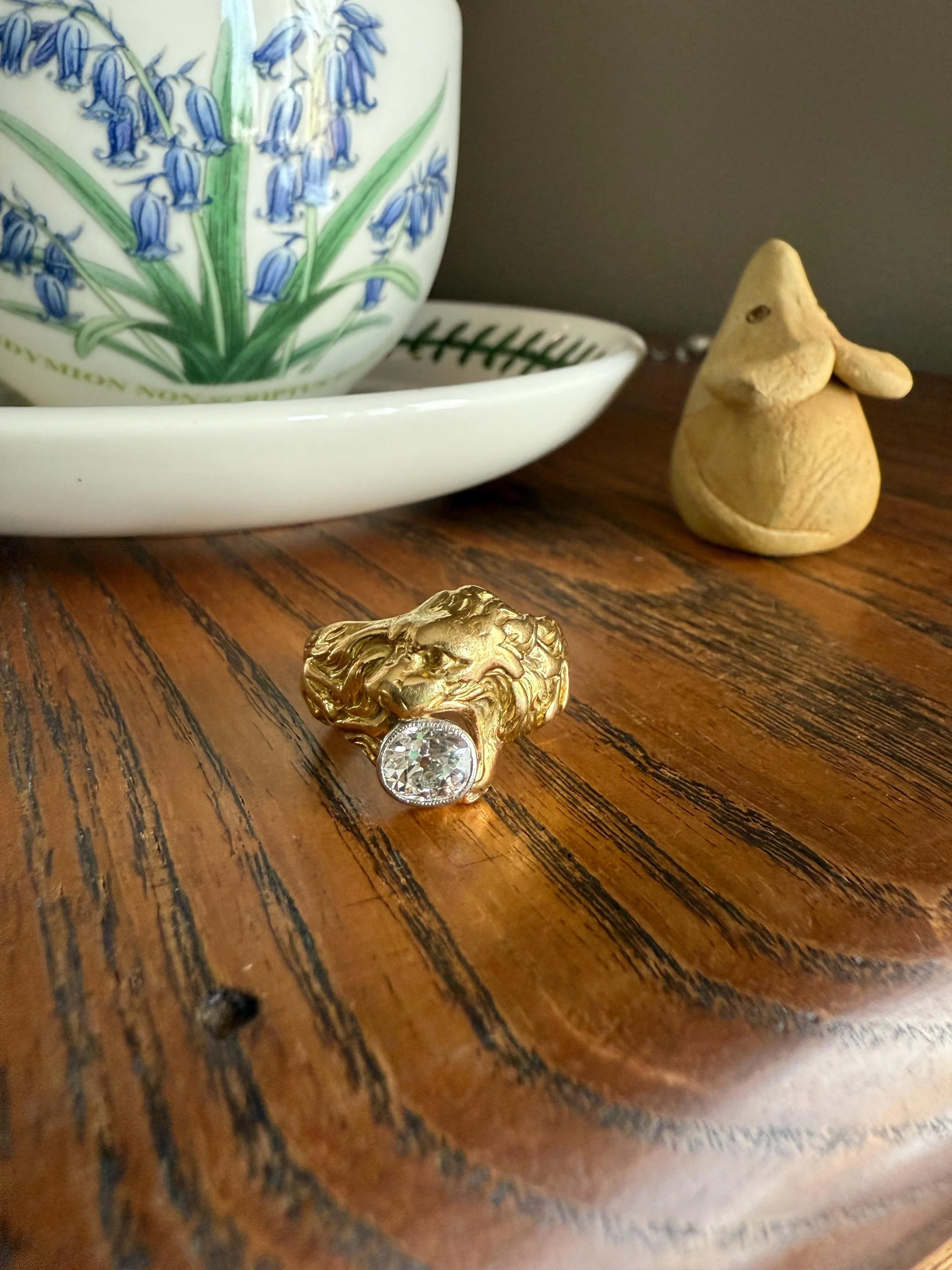 LION Antique HEAVY French 13.6g 18k GOLD Solid Ring One Carat Old Mine Cut Diamond Wide Band 3D Gift Figural Animal Jewelry Man Unisex OmC - Image 12