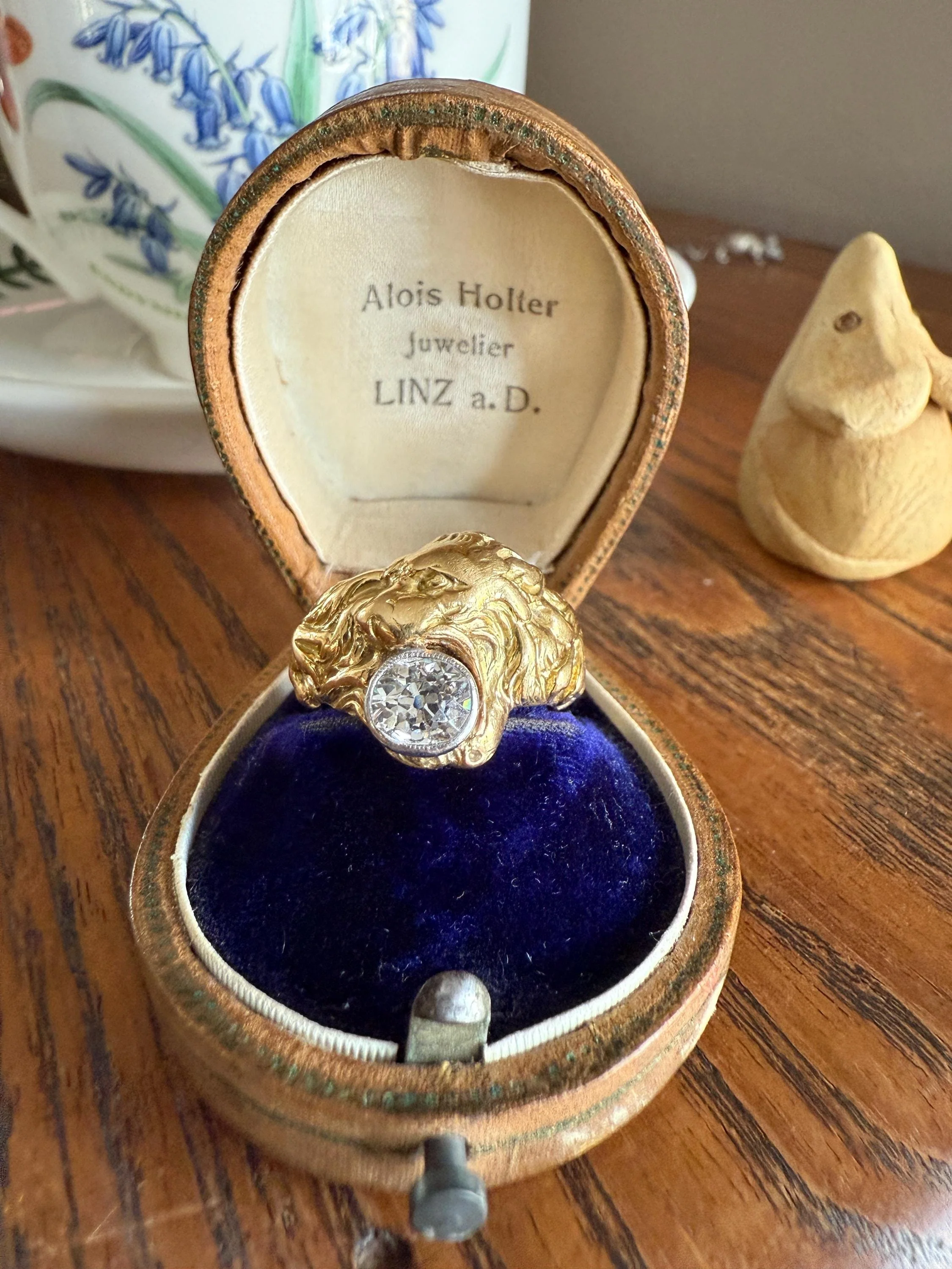 LION Antique HEAVY French 13.6g 18k GOLD Solid Ring One Carat Old Mine Cut Diamond Wide Band 3D Gift Figural Animal Jewelry Man Unisex OmC - Image 13