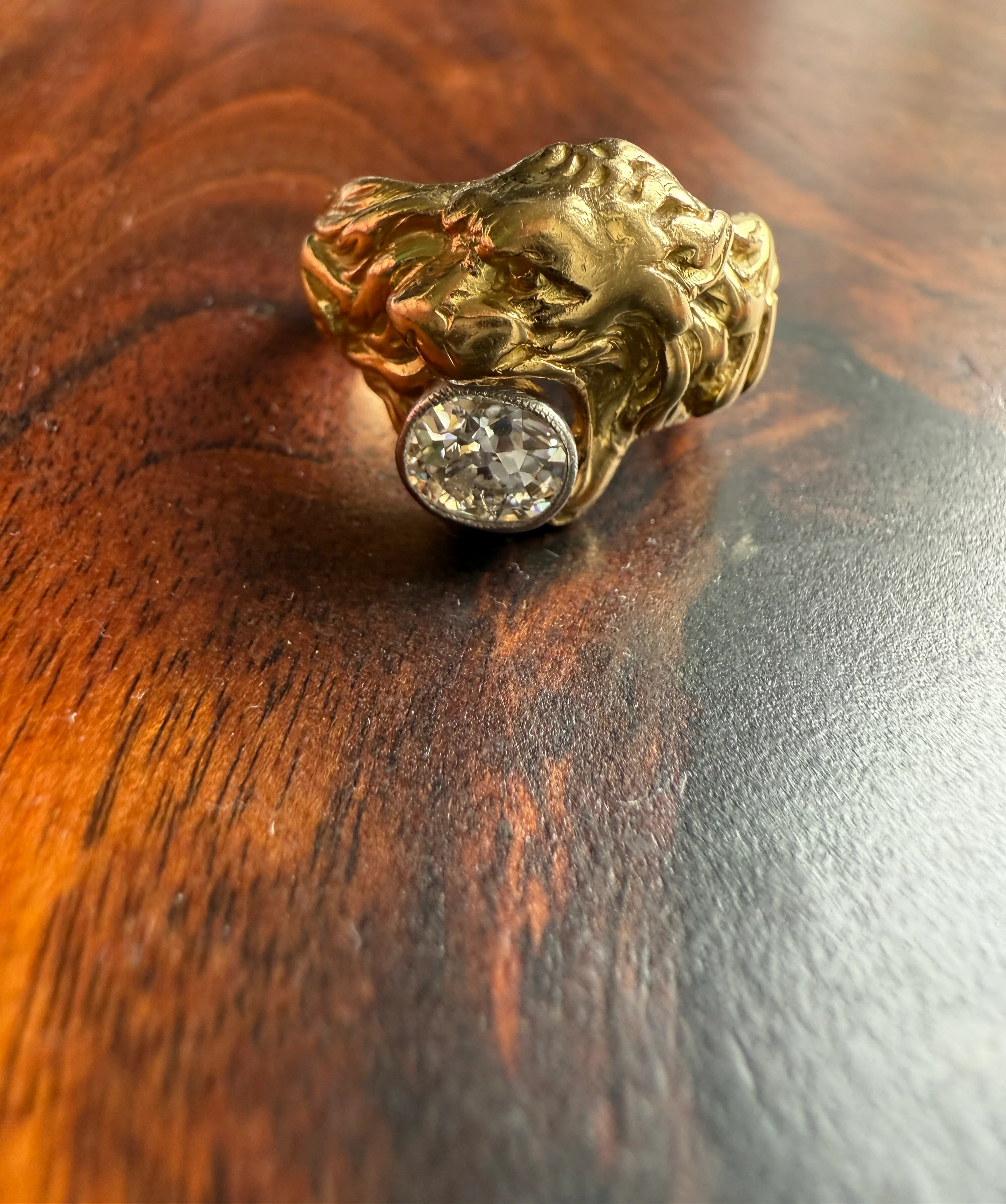 LION Antique HEAVY French 13.6g 18k GOLD Solid Ring One Carat Old Mine Cut Diamond Wide Band 3D Gift Figural Animal Jewelry Man Unisex OmC - Image 14