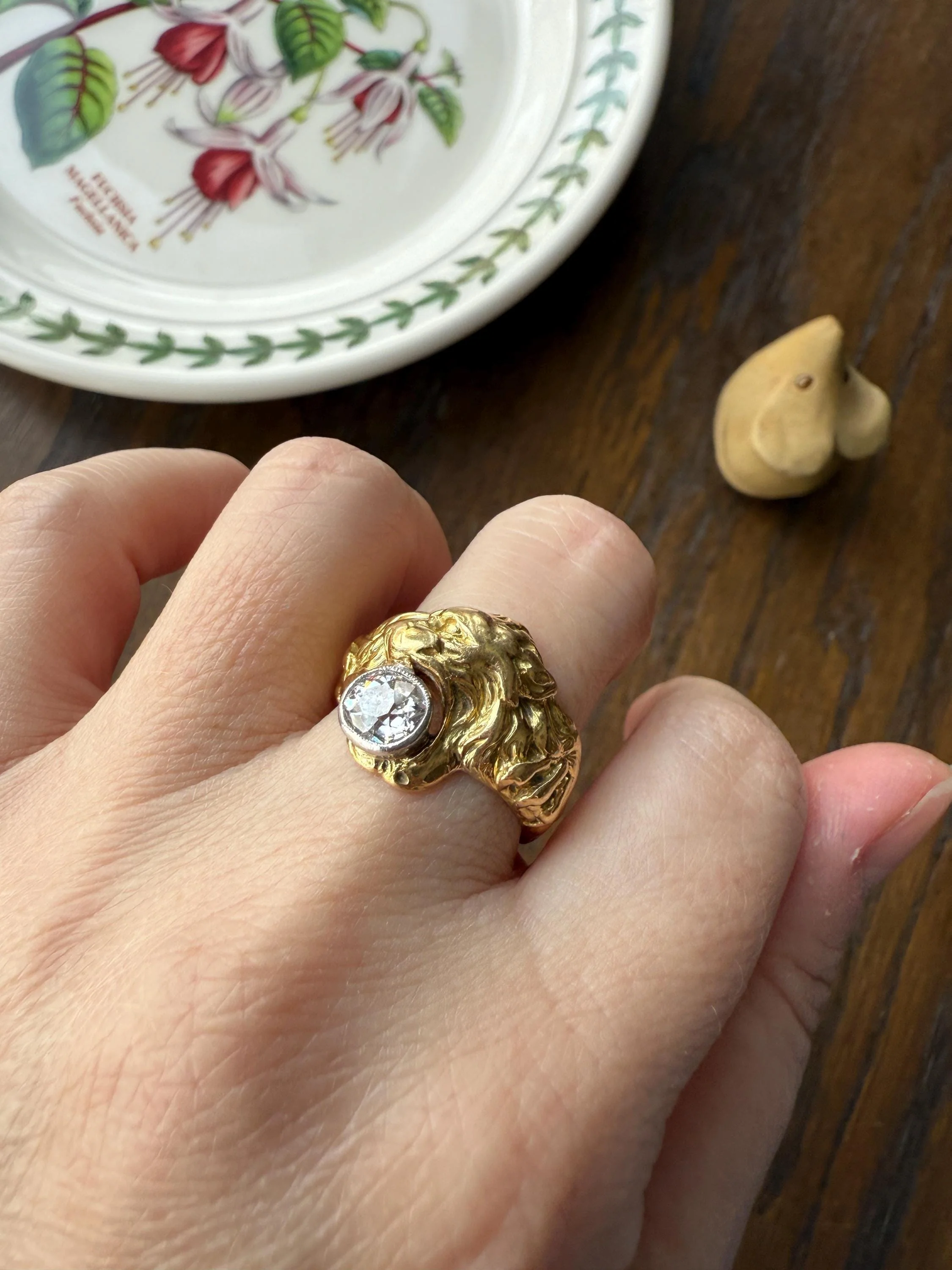 LION Antique HEAVY French 13.6g 18k GOLD Solid Ring One Carat Old Mine Cut Diamond Wide Band 3D Gift Figural Animal Jewelry Man Unisex OmC - Image 16