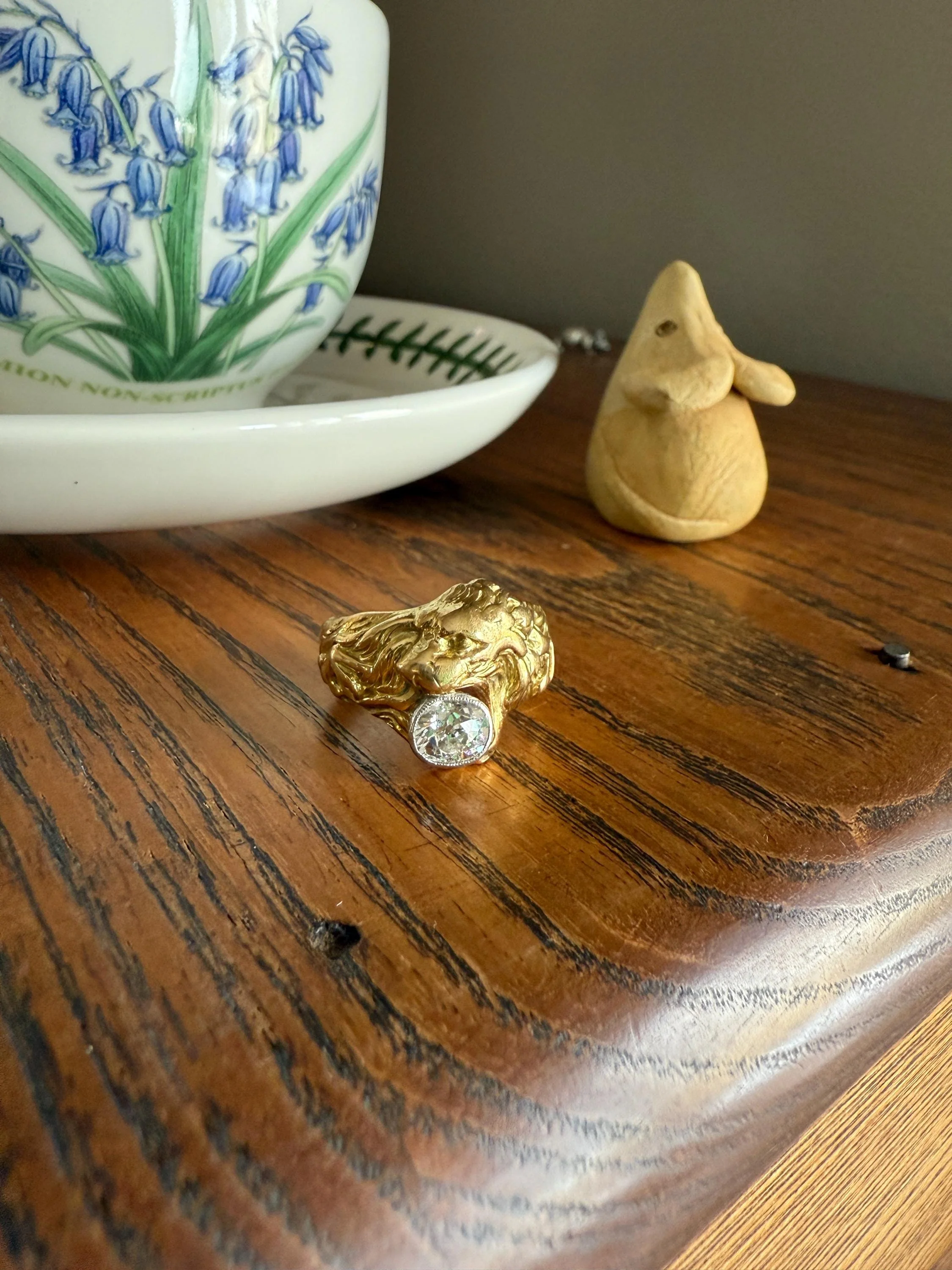 LION Antique HEAVY French 13.6g 18k GOLD Solid Ring One Carat Old Mine Cut Diamond Wide Band 3D Gift Figural Animal Jewelry Man Unisex OmC - Image 19