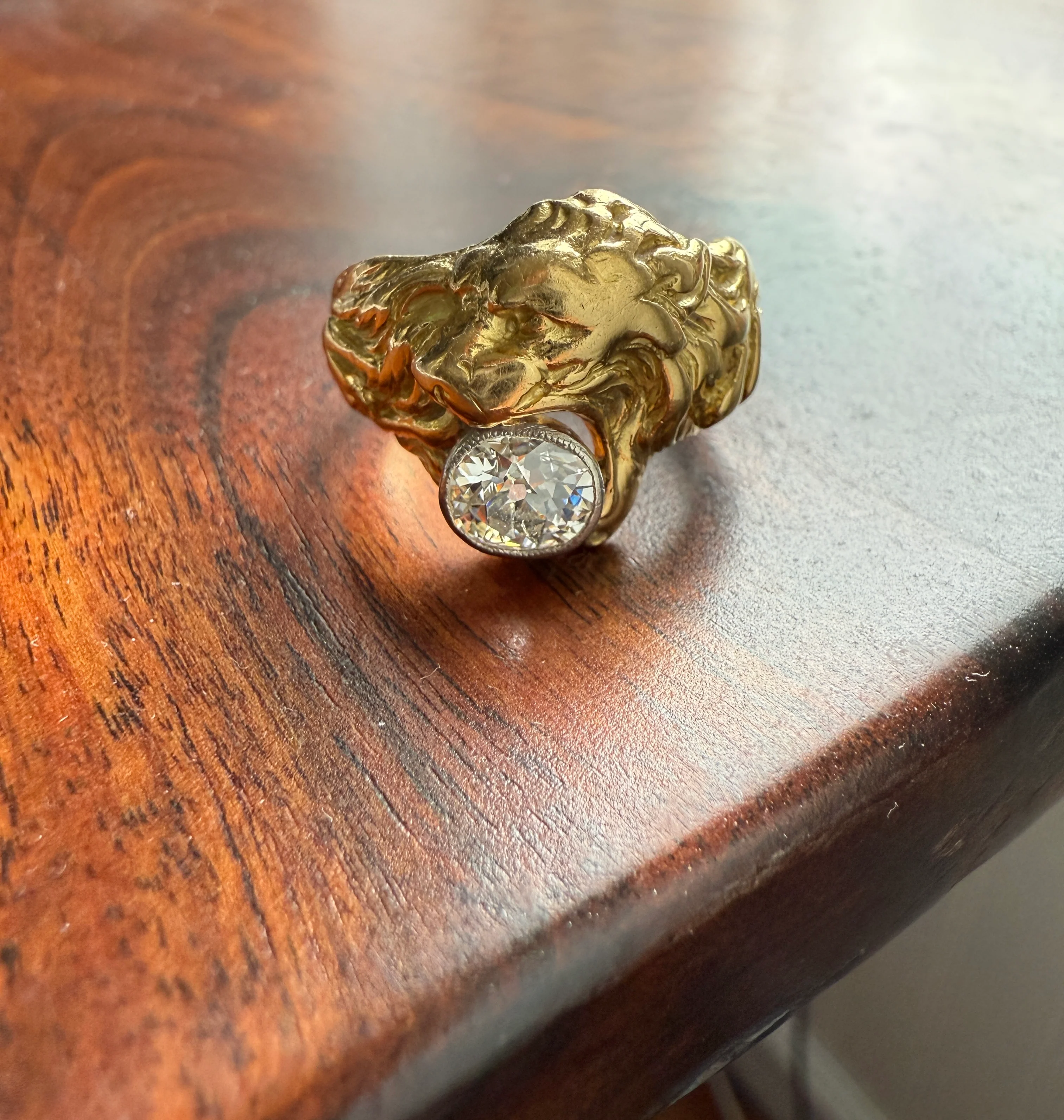 LION Antique HEAVY French 13.6g 18k GOLD Solid Ring One Carat Old Mine Cut Diamond Wide Band 3D Gift Figural Animal Jewelry Man Unisex OmC - Image 2