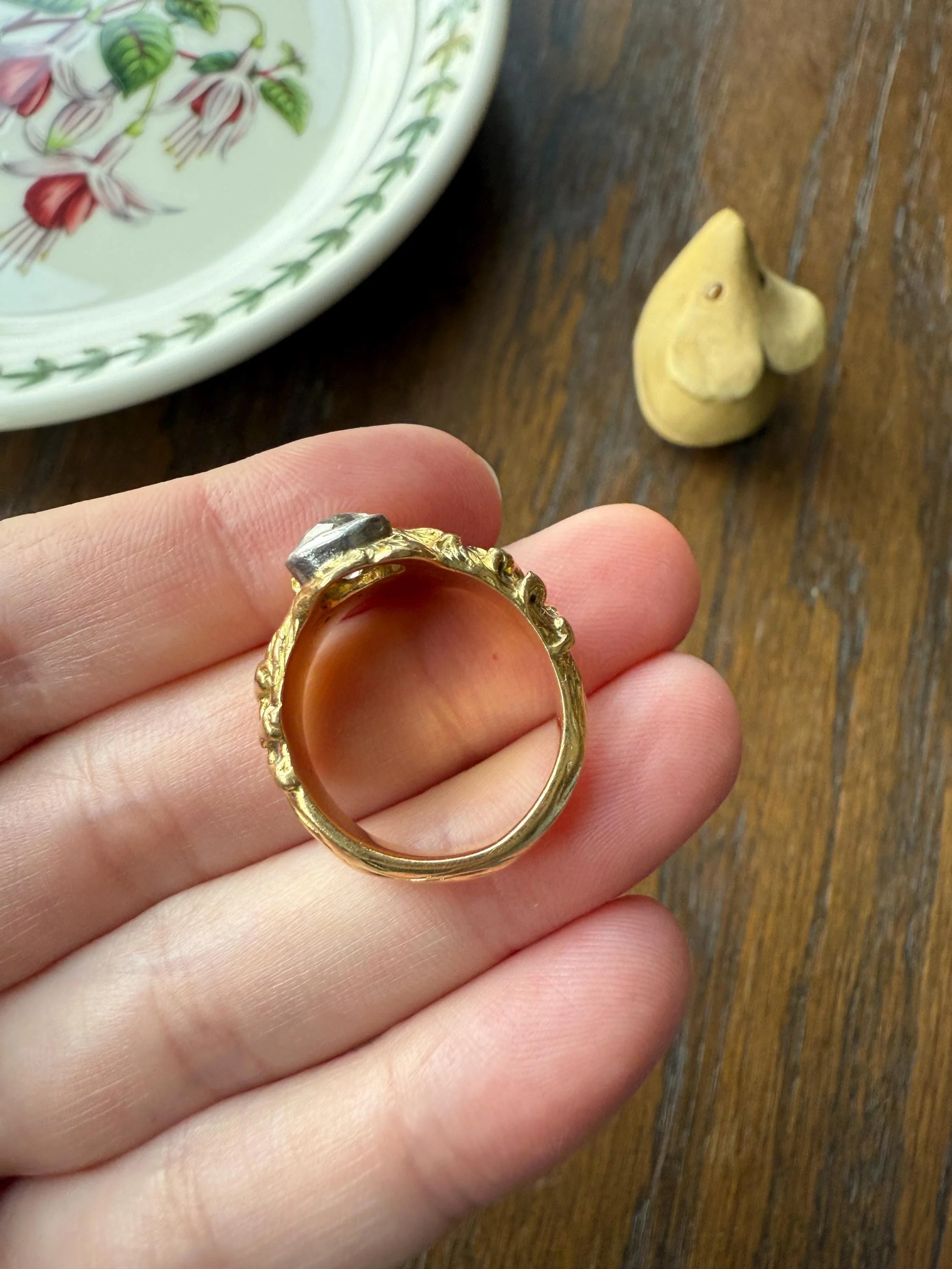 LION Antique HEAVY French 13.6g 18k GOLD Solid Ring One Carat Old Mine Cut Diamond Wide Band 3D Gift Figural Animal Jewelry Man Unisex OmC - Image 20