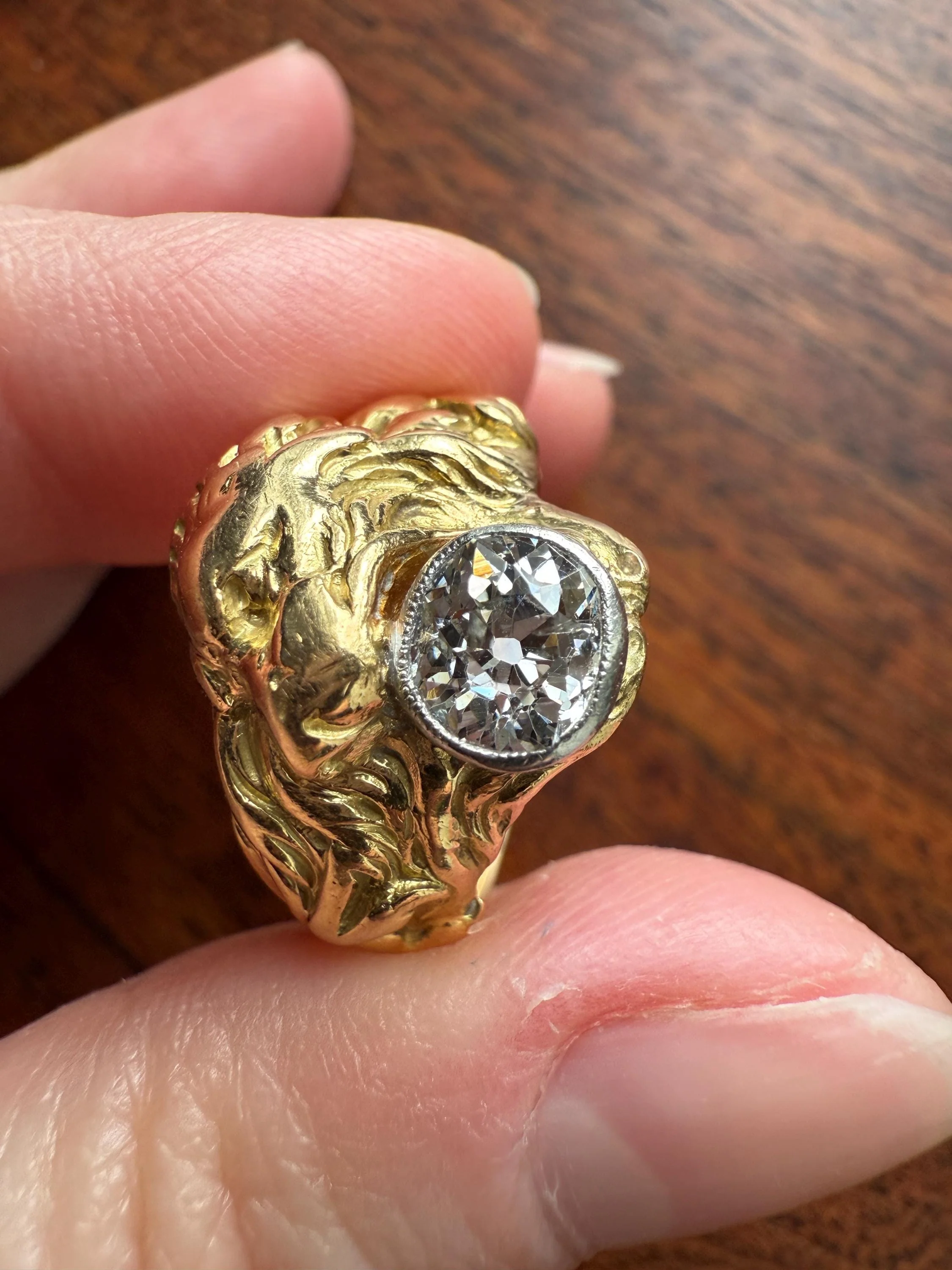 LION Antique HEAVY French 13.6g 18k GOLD Solid Ring One Carat Old Mine Cut Diamond Wide Band 3D Gift Figural Animal Jewelry Man Unisex OmC - Image 4
