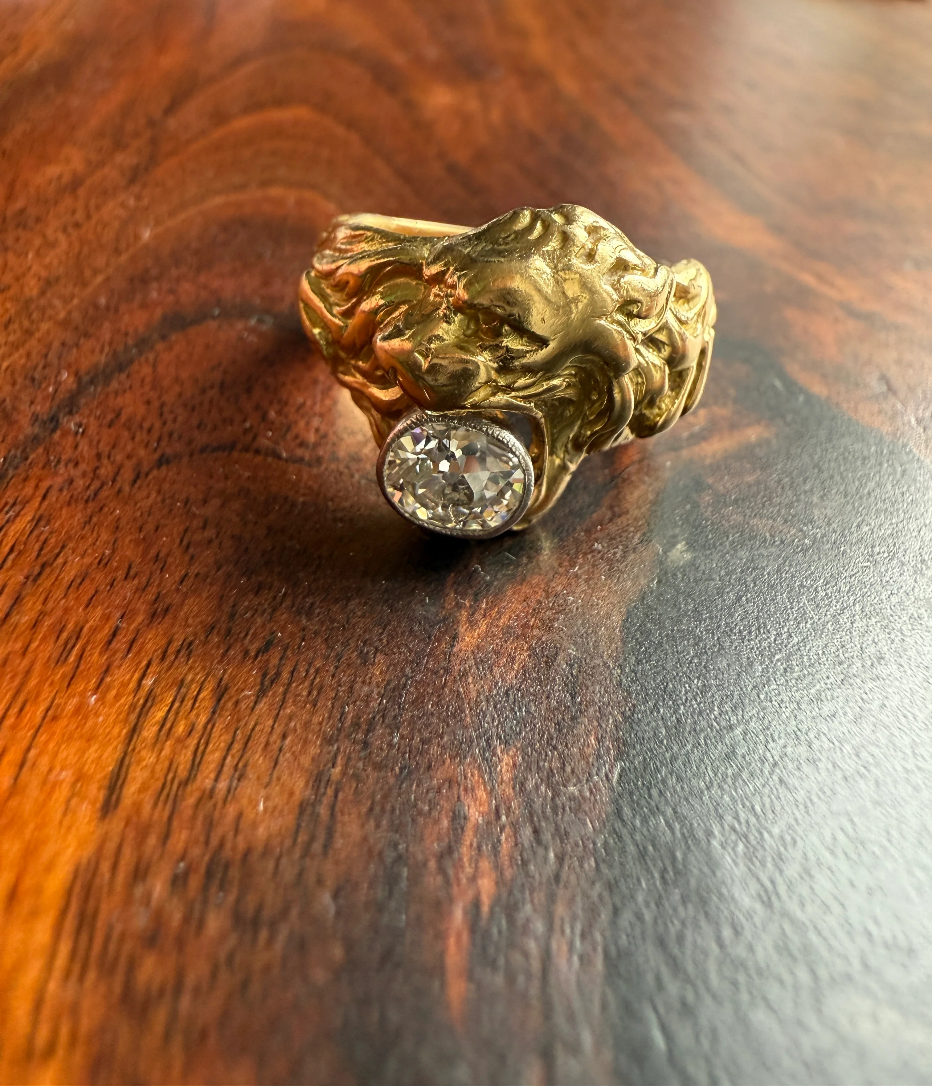 LION Antique HEAVY French 13.6g 18k GOLD Solid Ring One Carat Old Mine Cut Diamond Wide Band 3D Gift Figural Animal Jewelry Man Unisex OmC - Image 5