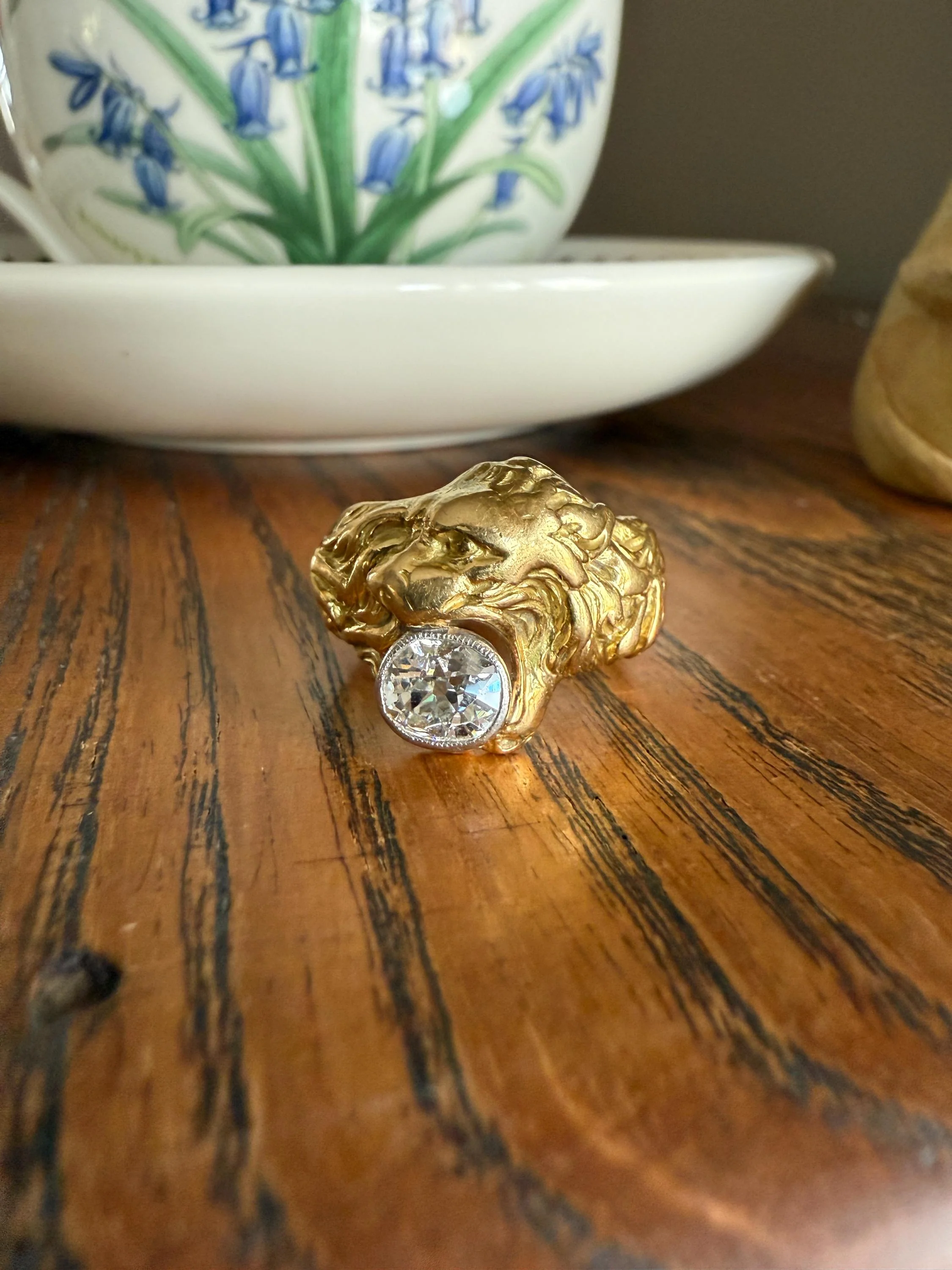 LION Antique HEAVY French 13.6g 18k GOLD Solid Ring One Carat Old Mine Cut Diamond Wide Band 3D Gift Figural Animal Jewelry Man Unisex OmC - Image 6