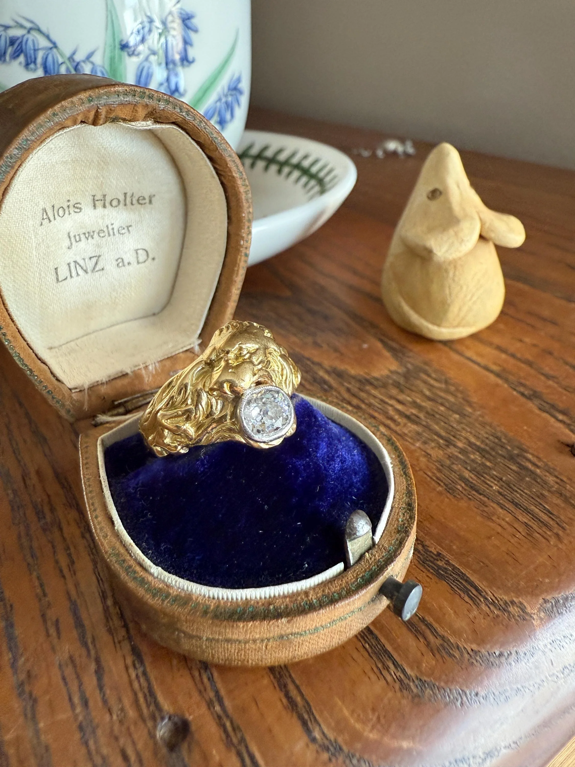 LION Antique HEAVY French 13.6g 18k GOLD Solid Ring One Carat Old Mine Cut Diamond Wide Band 3D Gift Figural Animal Jewelry Man Unisex OmC - Image 7