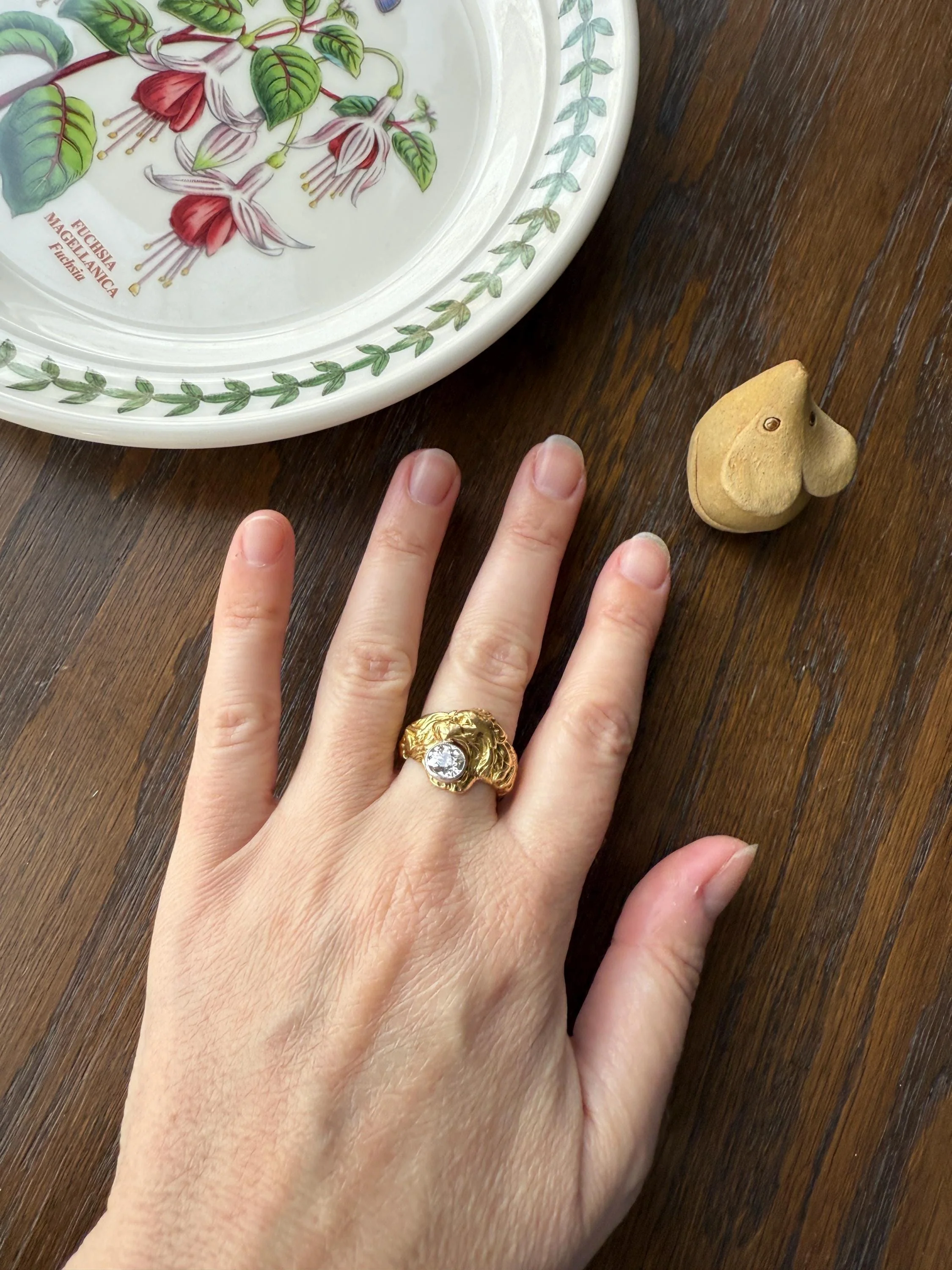 LION Antique HEAVY French 13.6g 18k GOLD Solid Ring One Carat Old Mine Cut Diamond Wide Band 3D Gift Figural Animal Jewelry Man Unisex OmC - Image 8