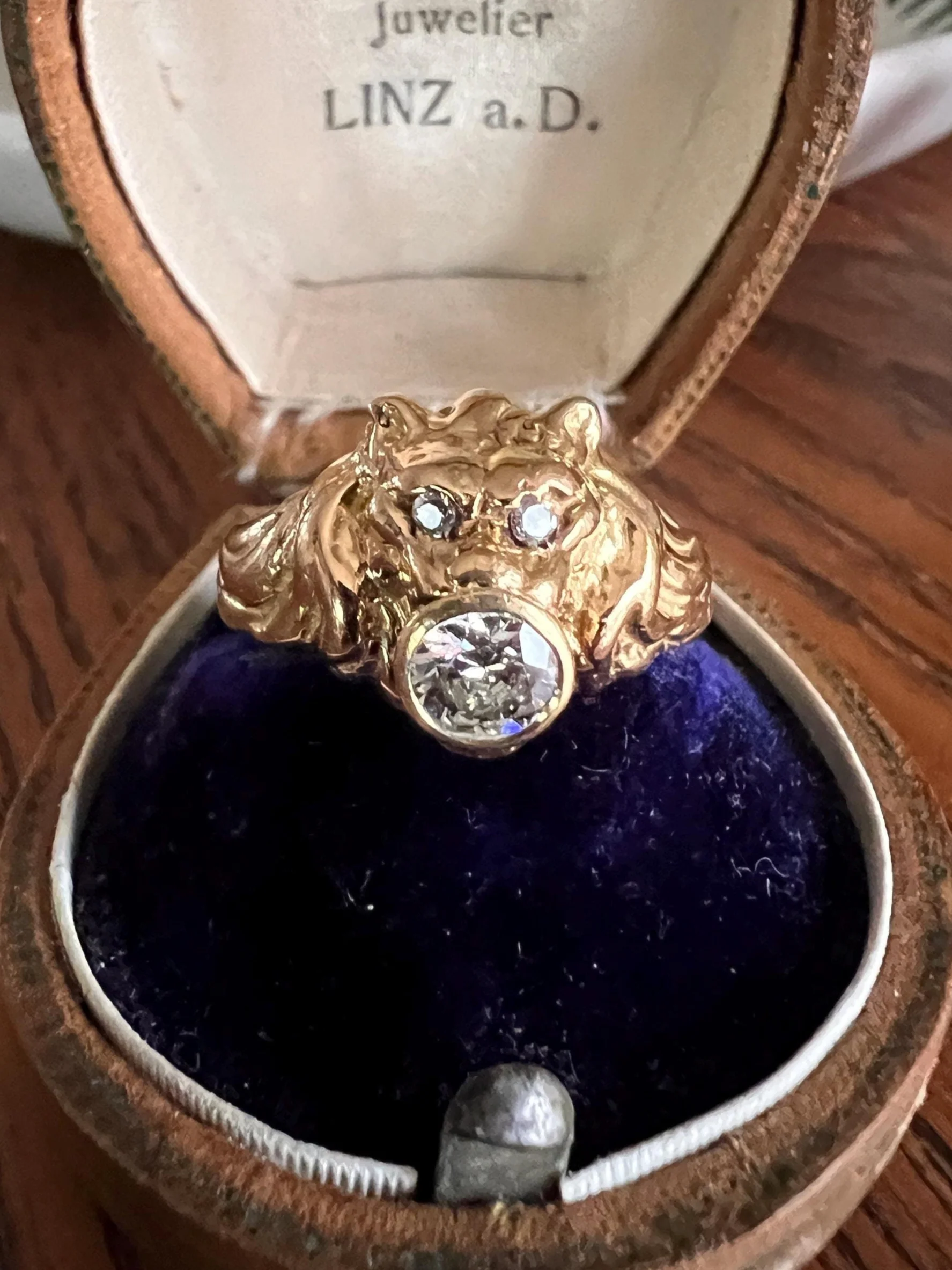LION French Antique 18k GOLD Ring .6 Carat Transitional Cut Diamond Mouth Eyes Wide Band 3D Gift Figural Vintage Animal Unisex