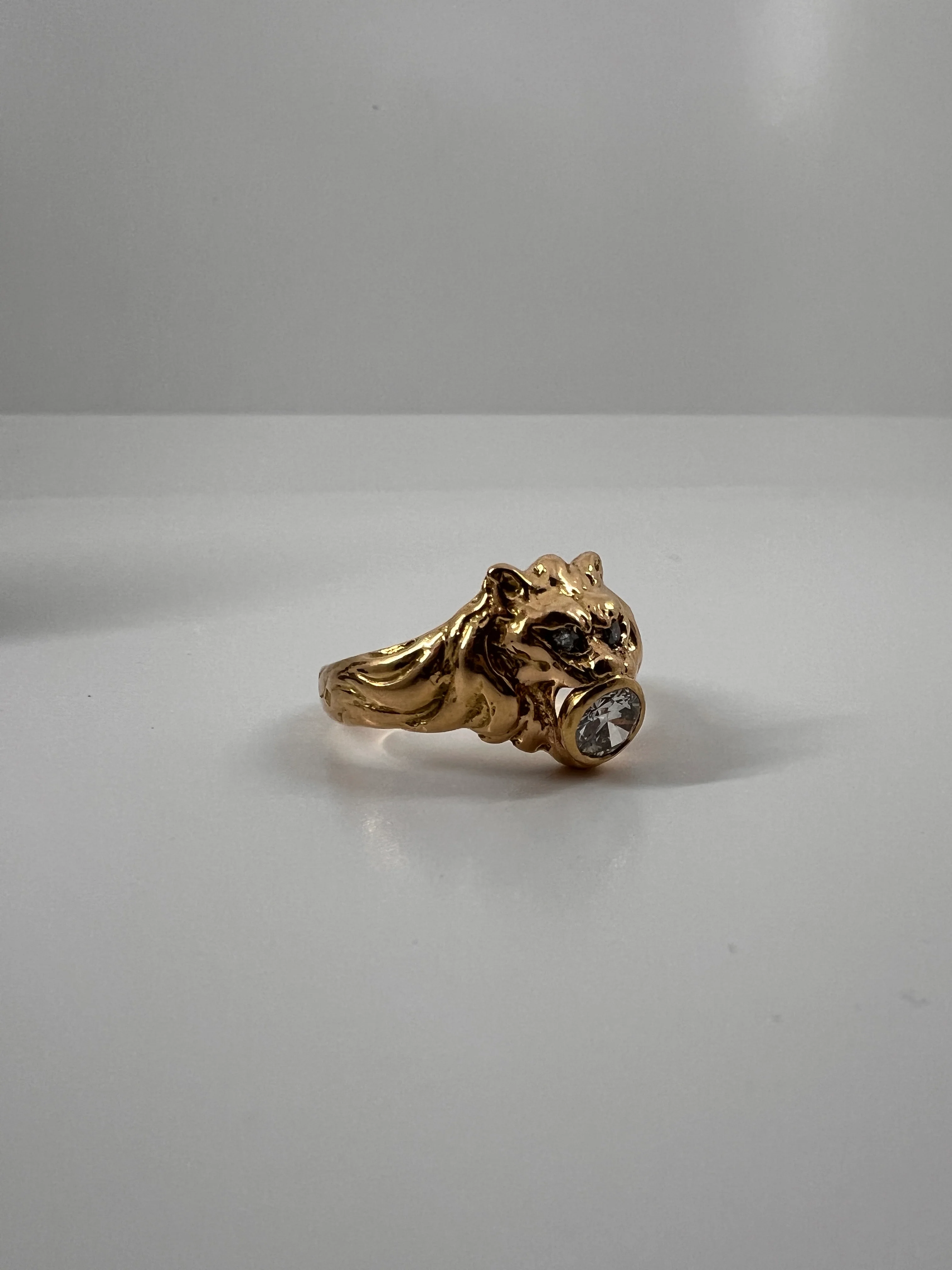 LION French Antique 18k GOLD Ring .6 Carat Transitional Cut Diamond Mouth Eyes Wide Band 3D Gift Figural Vintage Animal Unisex - Image 13