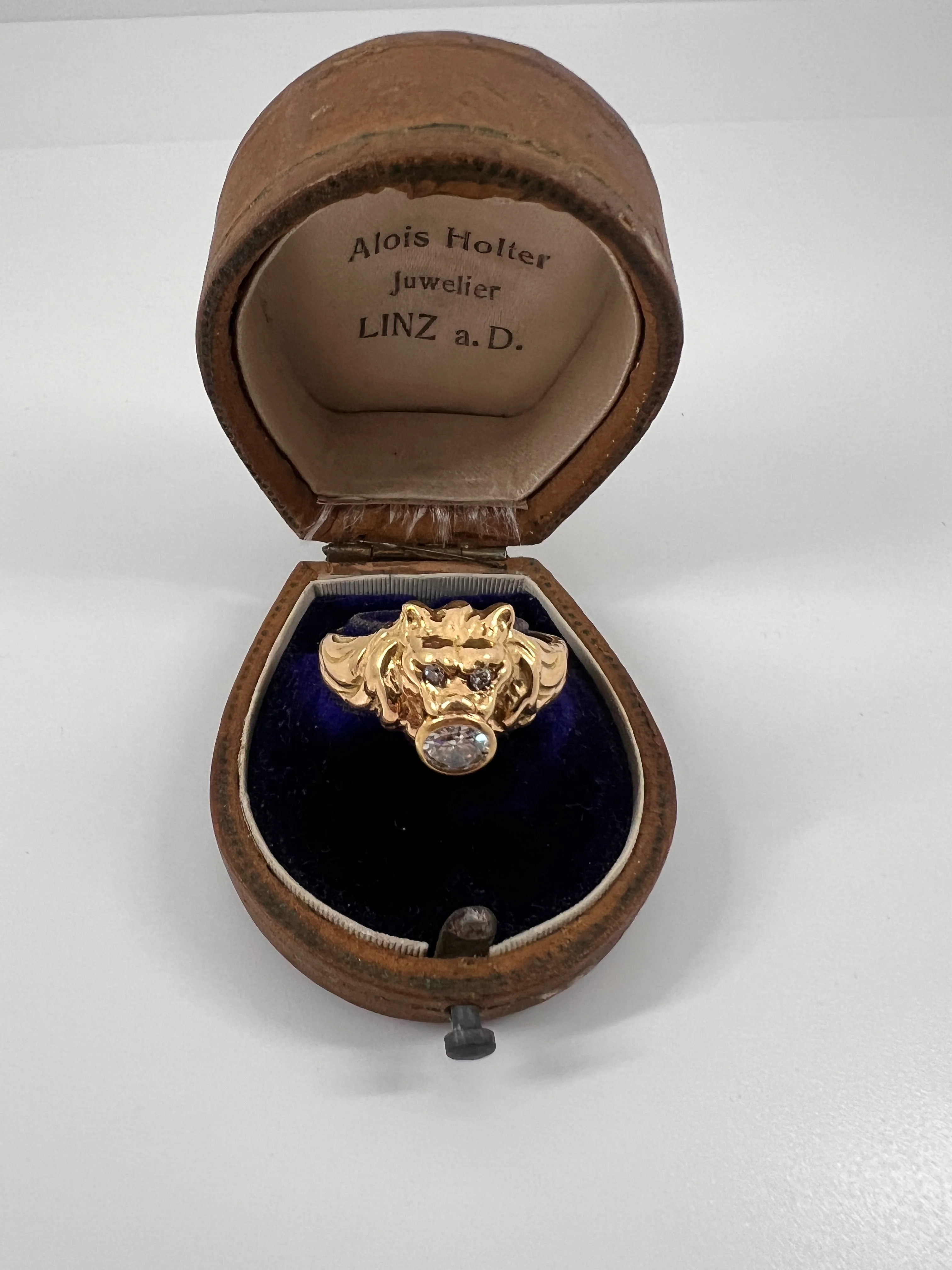 LION French Antique 18k GOLD Ring .6 Carat Transitional Cut Diamond Mouth Eyes Wide Band 3D Gift Figural Vintage Animal Unisex - Image 14