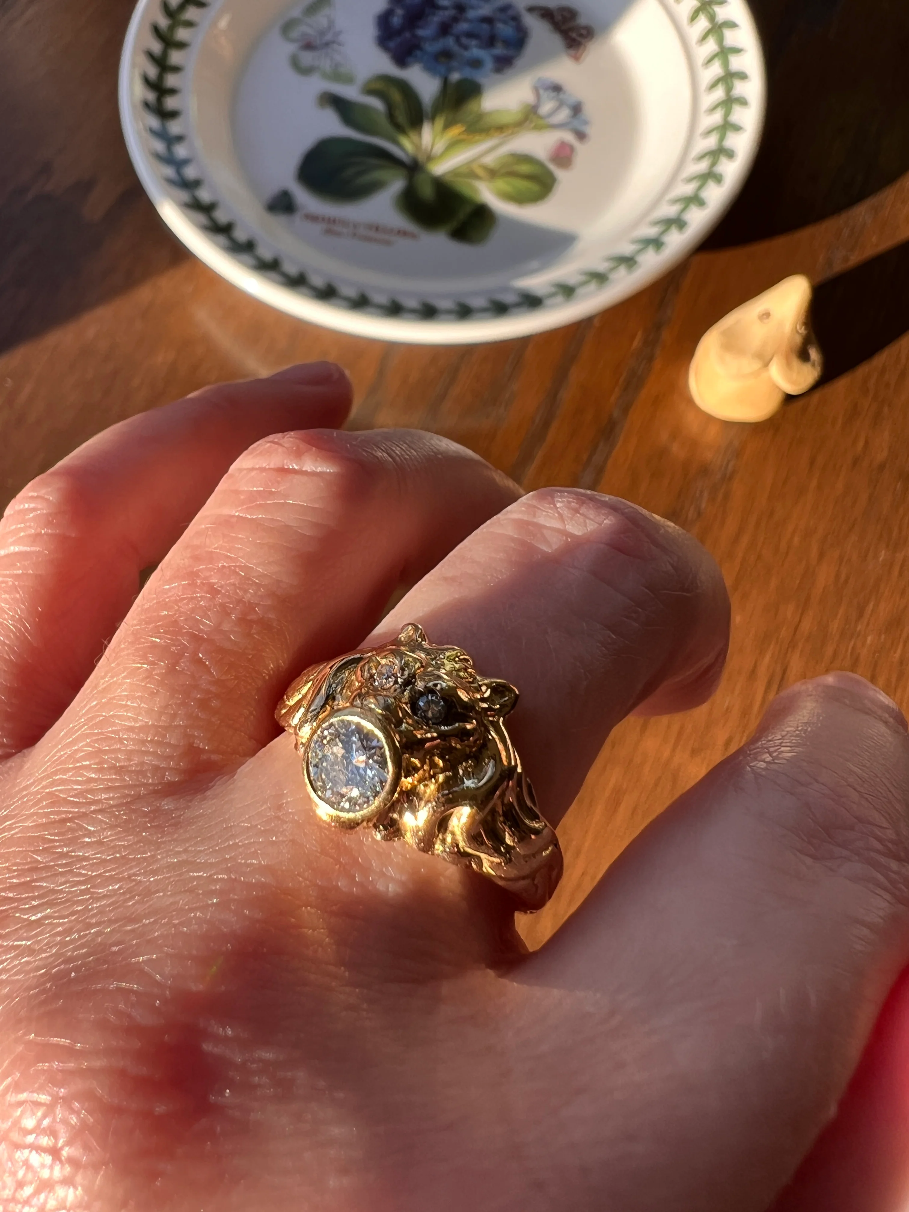LION French Antique 18k GOLD Ring .6 Carat Transitional Cut Diamond Mouth Eyes Wide Band 3D Gift Figural Vintage Animal Unisex - Image 16