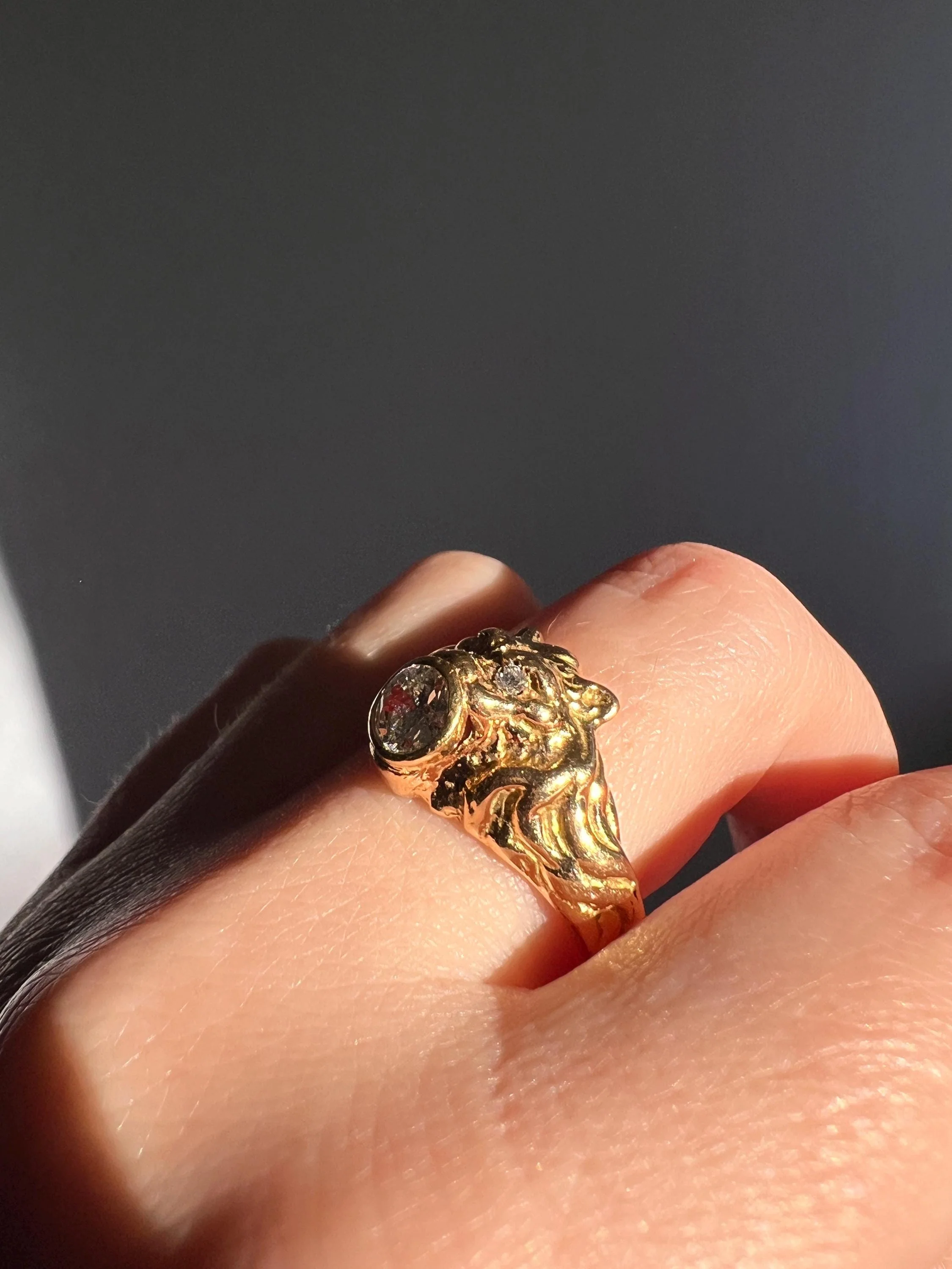 LION French Antique 18k GOLD Ring .6 Carat Transitional Cut Diamond Mouth Eyes Wide Band 3D Gift Figural Vintage Animal Unisex - Image 2