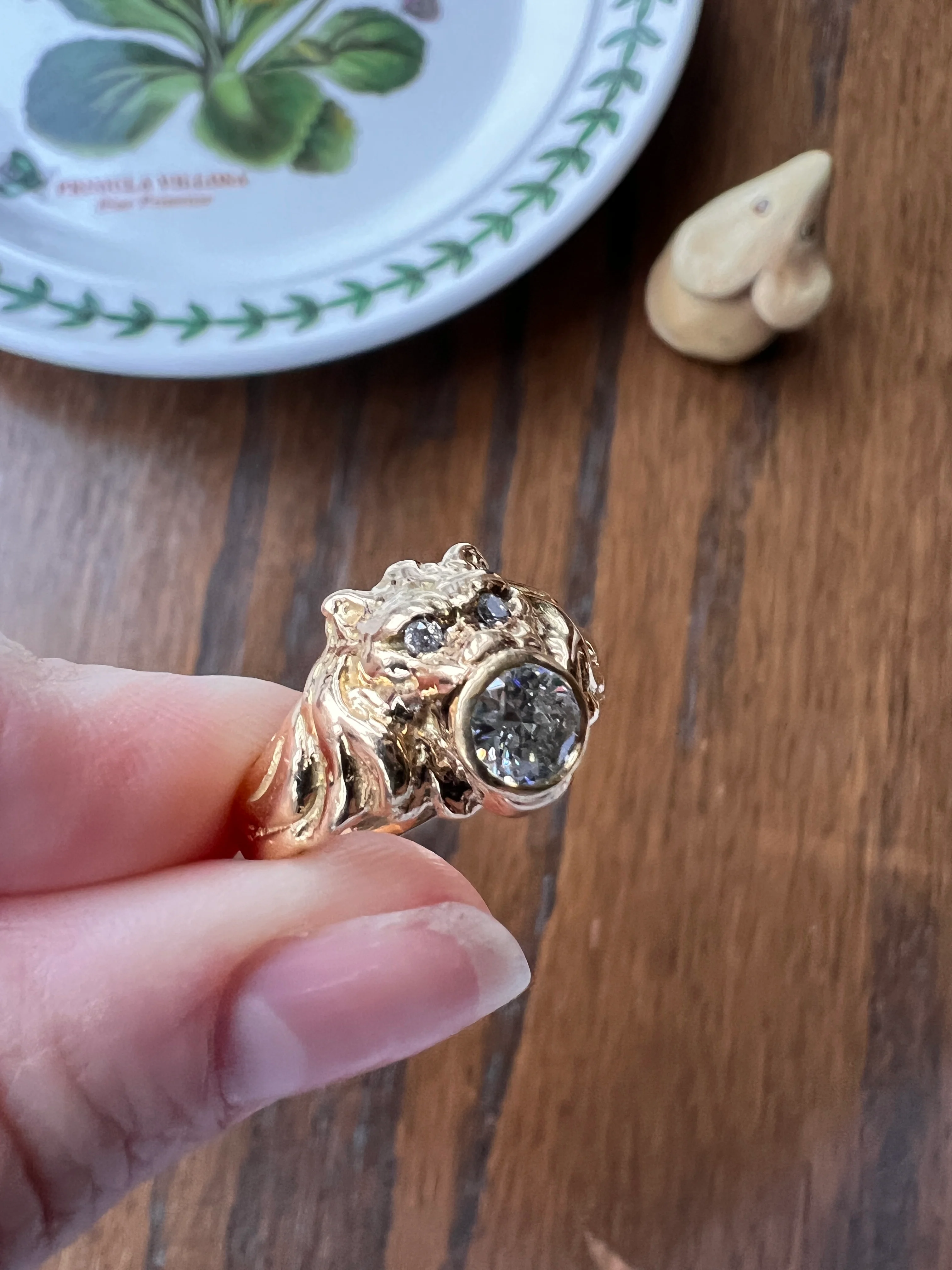 LION French Antique 18k GOLD Ring .6 Carat Transitional Cut Diamond Mouth Eyes Wide Band 3D Gift Figural Vintage Animal Unisex - Image 20