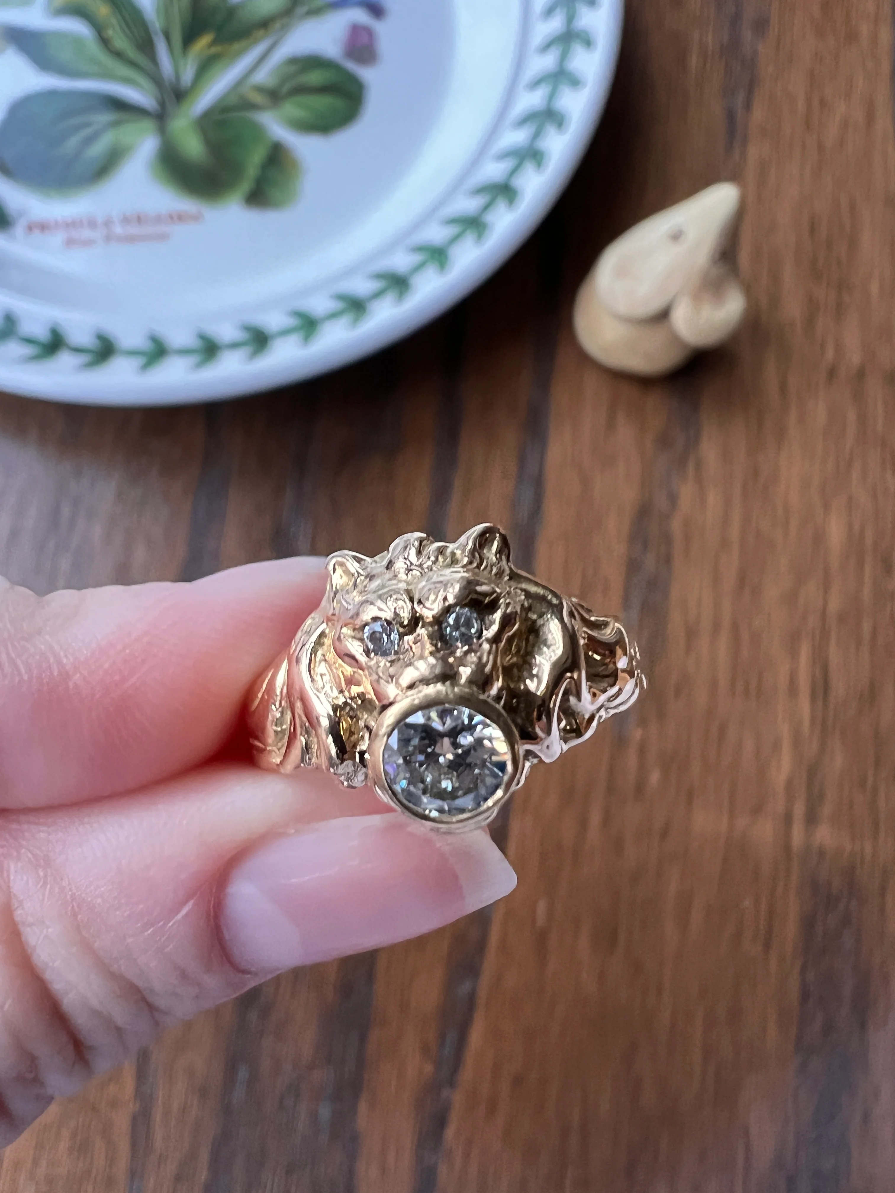 LION French Antique 18k GOLD Ring .6 Carat Transitional Cut Diamond Mouth Eyes Wide Band 3D Gift Figural Vintage Animal Unisex - Image 21