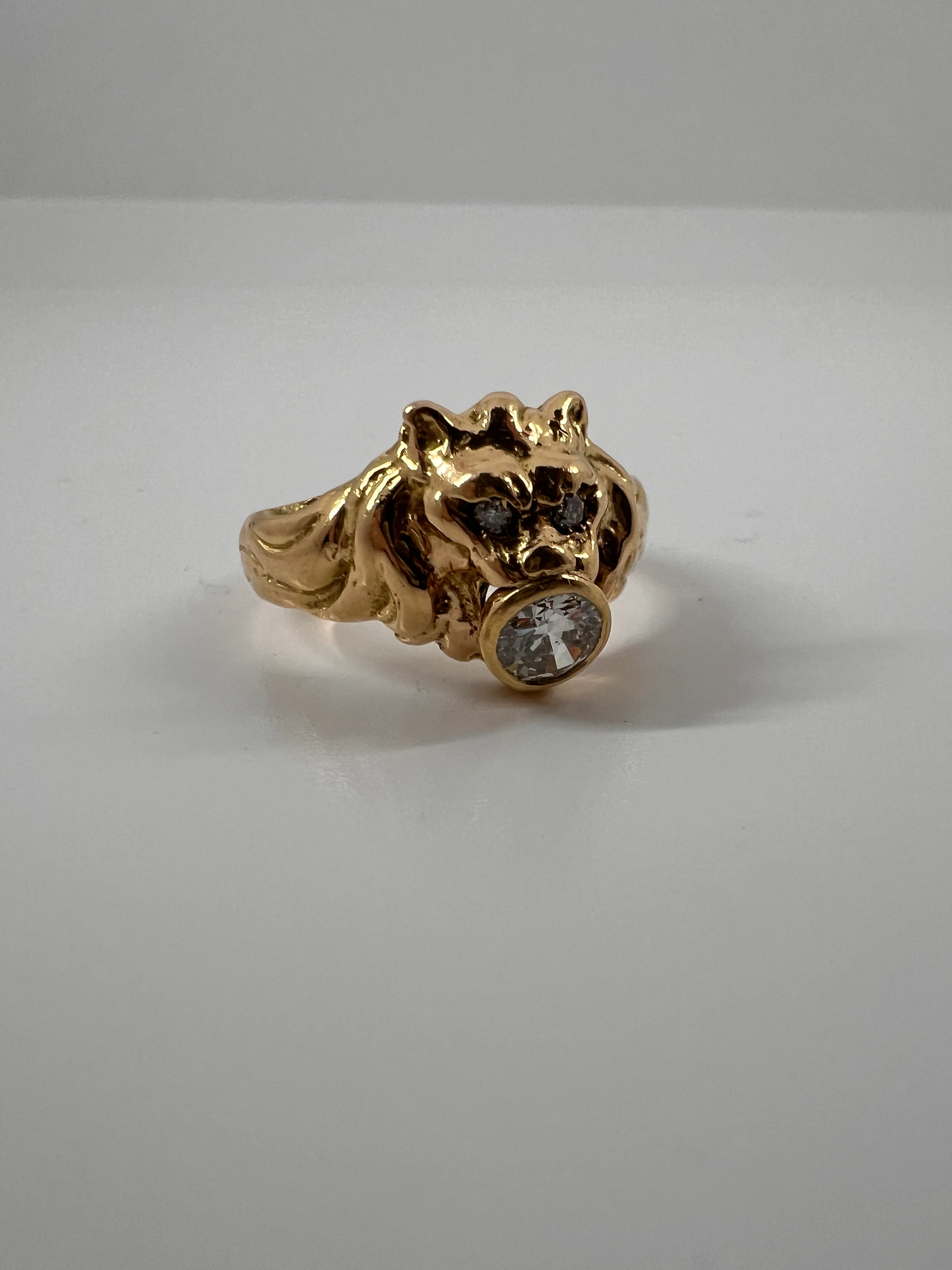LION French Antique 18k GOLD Ring .6 Carat Transitional Cut Diamond Mouth Eyes Wide Band 3D Gift Figural Vintage Animal Unisex - Image 22