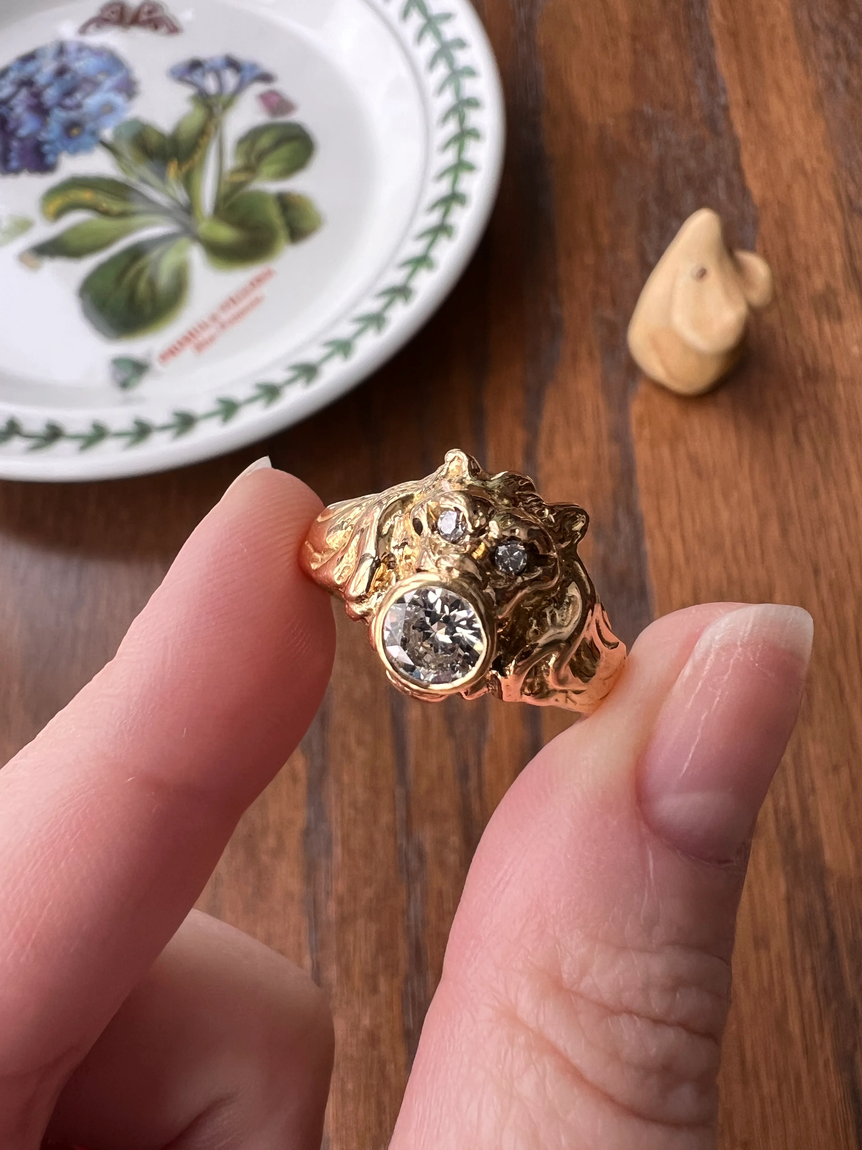 LION French Antique 18k GOLD Ring .6 Carat Transitional Cut Diamond Mouth Eyes Wide Band 3D Gift Figural Vintage Animal Unisex - Image 25