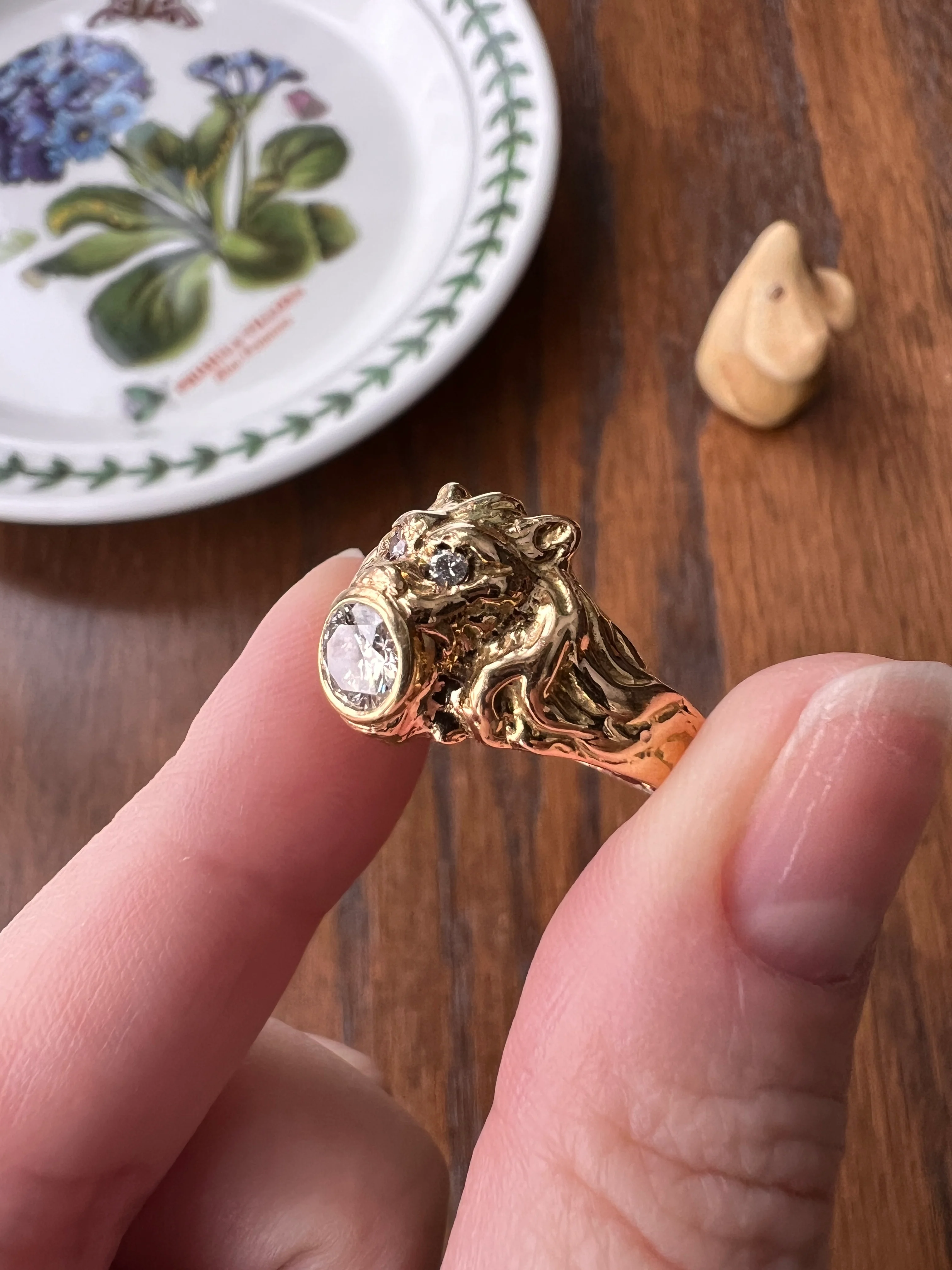 LION French Antique 18k GOLD Ring .6 Carat Transitional Cut Diamond Mouth Eyes Wide Band 3D Gift Figural Vintage Animal Unisex - Image 26