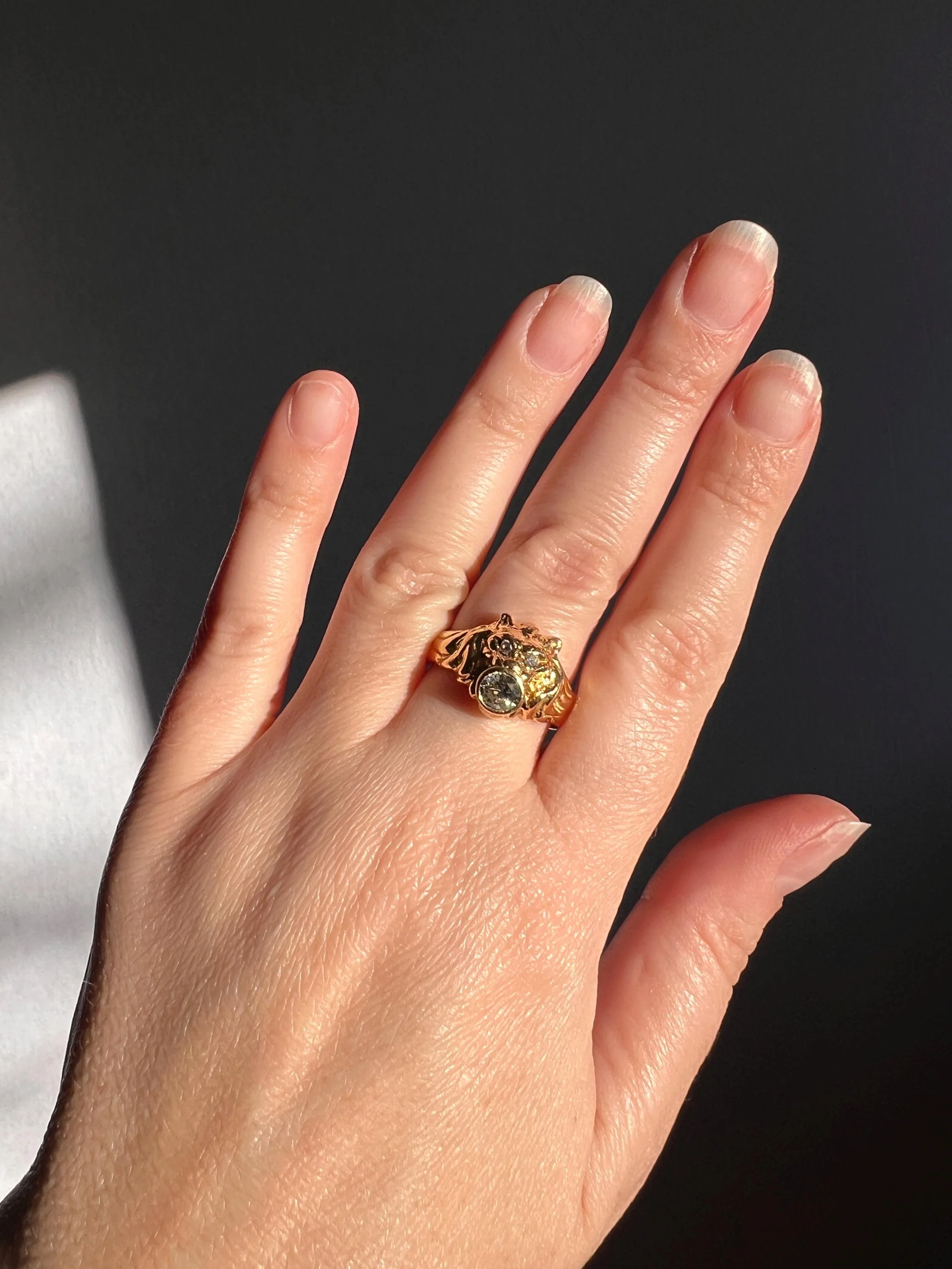 LION French Antique 18k GOLD Ring .6 Carat Transitional Cut Diamond Mouth Eyes Wide Band 3D Gift Figural Vintage Animal Unisex - Image 3