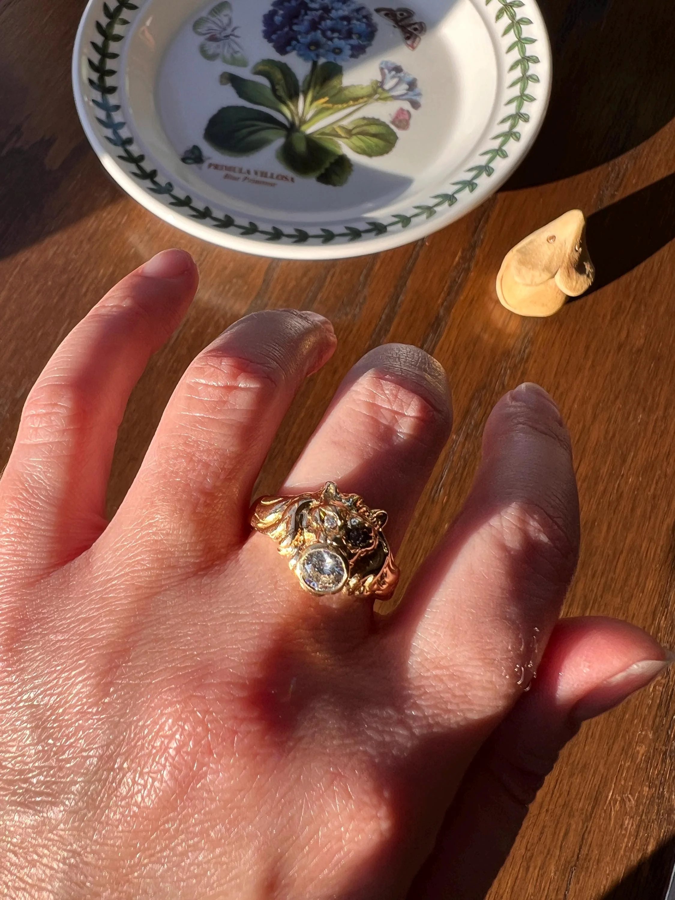 LION French Antique 18k GOLD Ring .6 Carat Transitional Cut Diamond Mouth Eyes Wide Band 3D Gift Figural Vintage Animal Unisex - Image 4