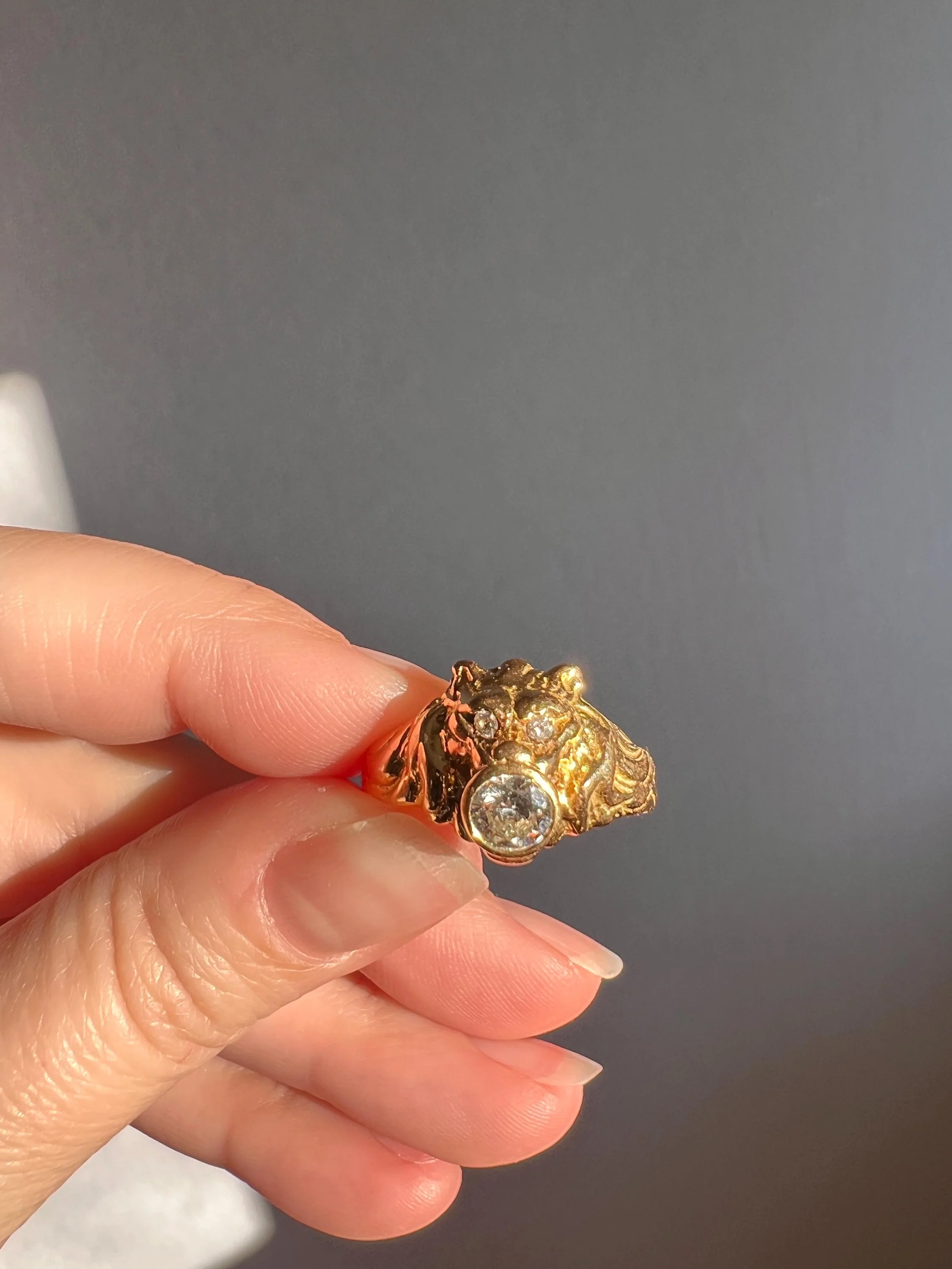 LION French Antique 18k GOLD Ring .6 Carat Transitional Cut Diamond Mouth Eyes Wide Band 3D Gift Figural Vintage Animal Unisex - Image 5