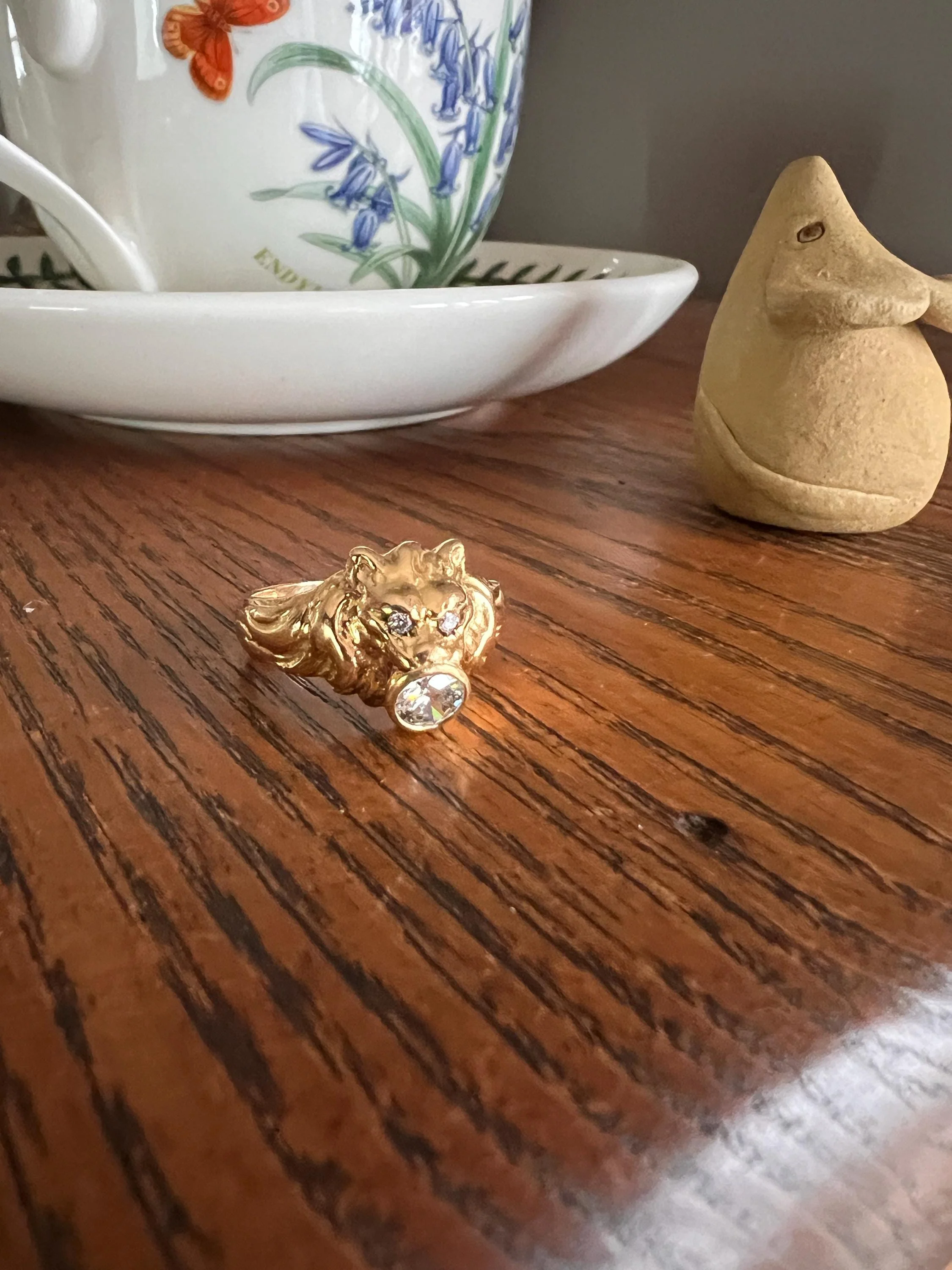 LION French Antique 18k GOLD Ring .6 Carat Transitional Cut Diamond Mouth Eyes Wide Band 3D Gift Figural Vintage Animal Unisex - Image 6