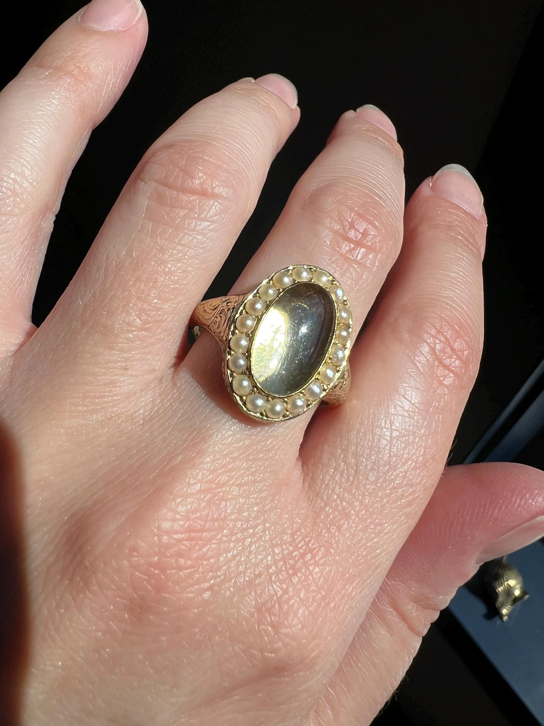 LOCKET Back Ring 18k Gold PEARL Halo Magnifying Lens Ornate 3D Hand Engraved OPENS Hinged Compartment Band Love Token Scrolled - Image 3