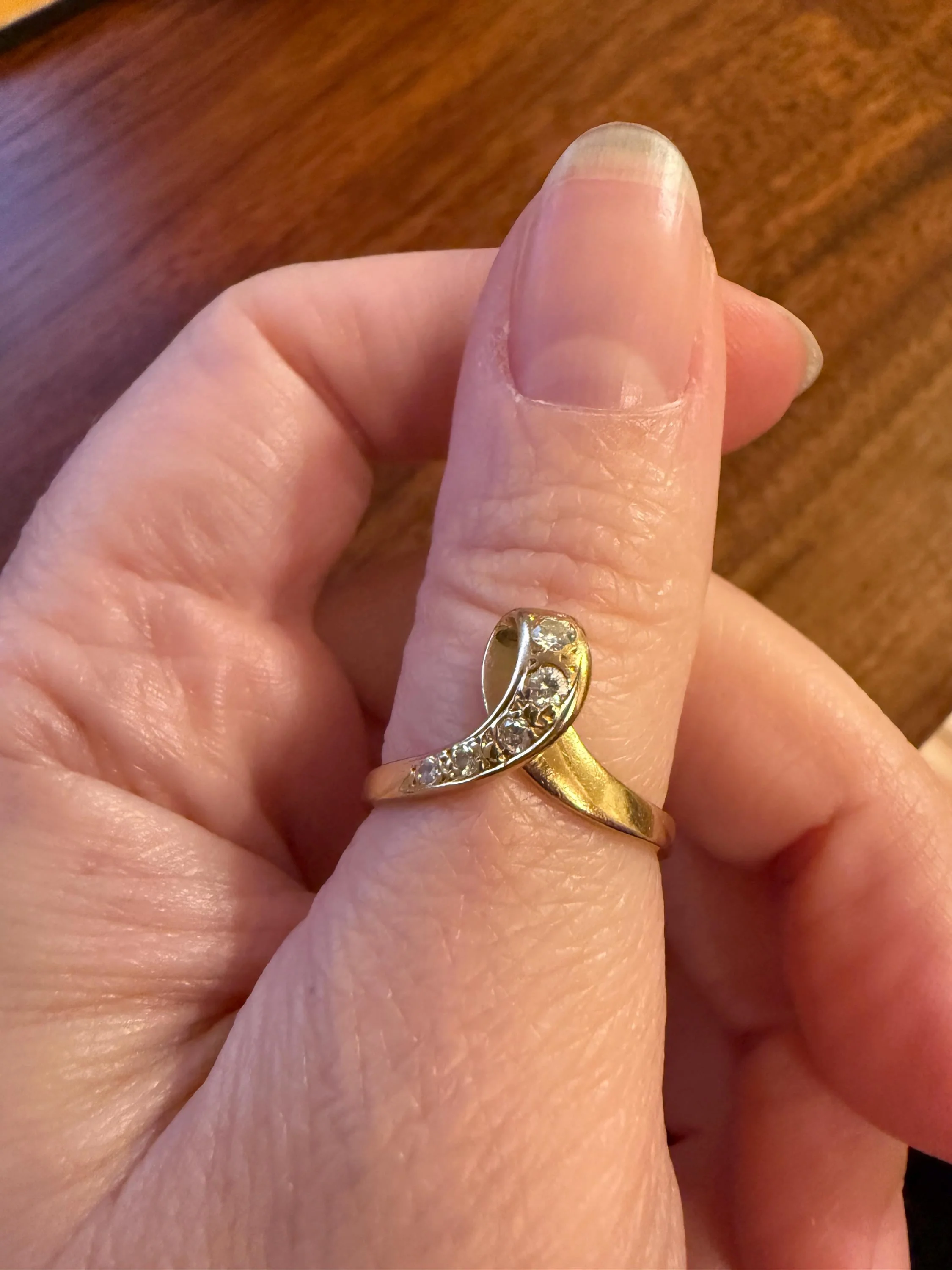 LOOP 3D French Vintage Curled Stacker Band Looped Ring 18k Gold Single Cut Diamonds Figural Tiara Chevron V Ring Retro - Image 3