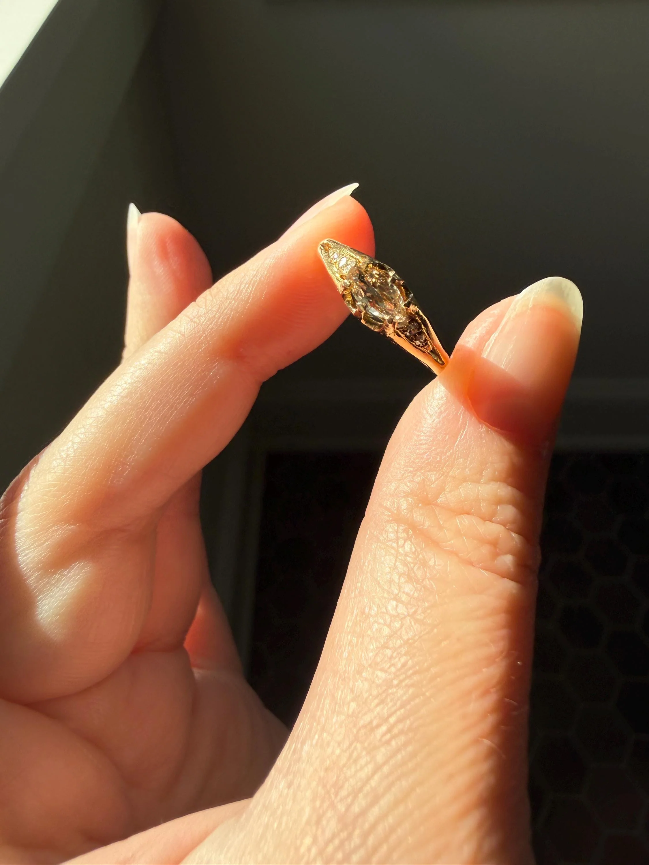 Marquise East West Old Mine Cut Ornate Filigree Ring 18k Gold French Antique Unique Band Stacker - Image 11