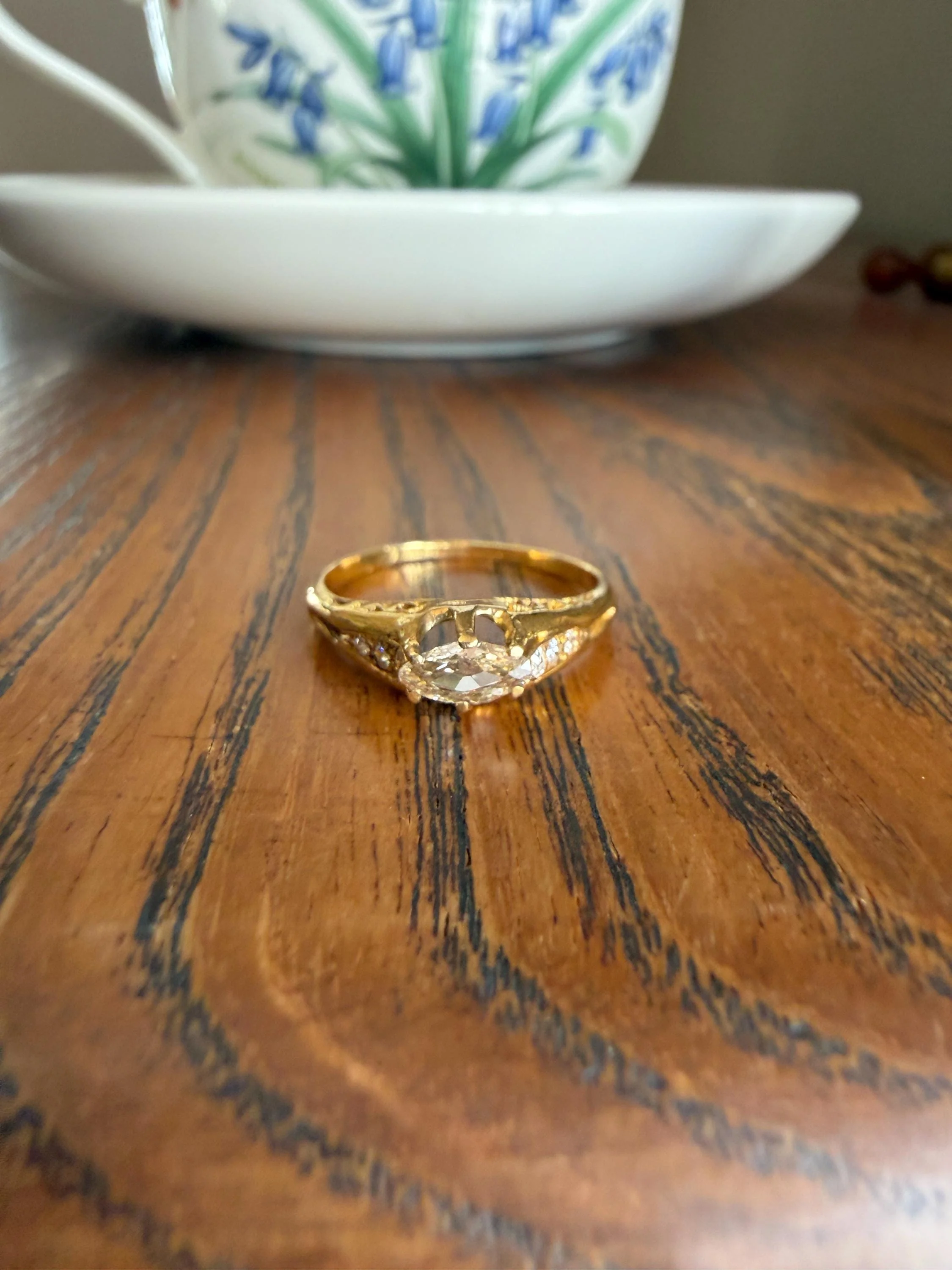 Marquise East West Old Mine Cut Ornate Filigree Ring 18k Gold French Antique Unique Band Stacker - Image 12