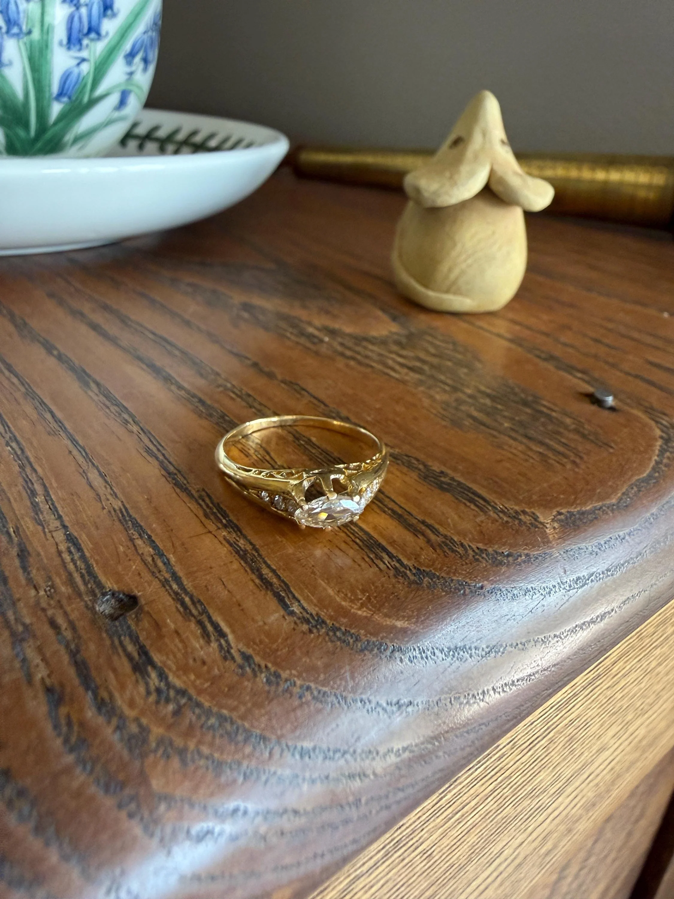 Marquise East West Old Mine Cut Ornate Filigree Ring 18k Gold French Antique Unique Band Stacker - Image 16