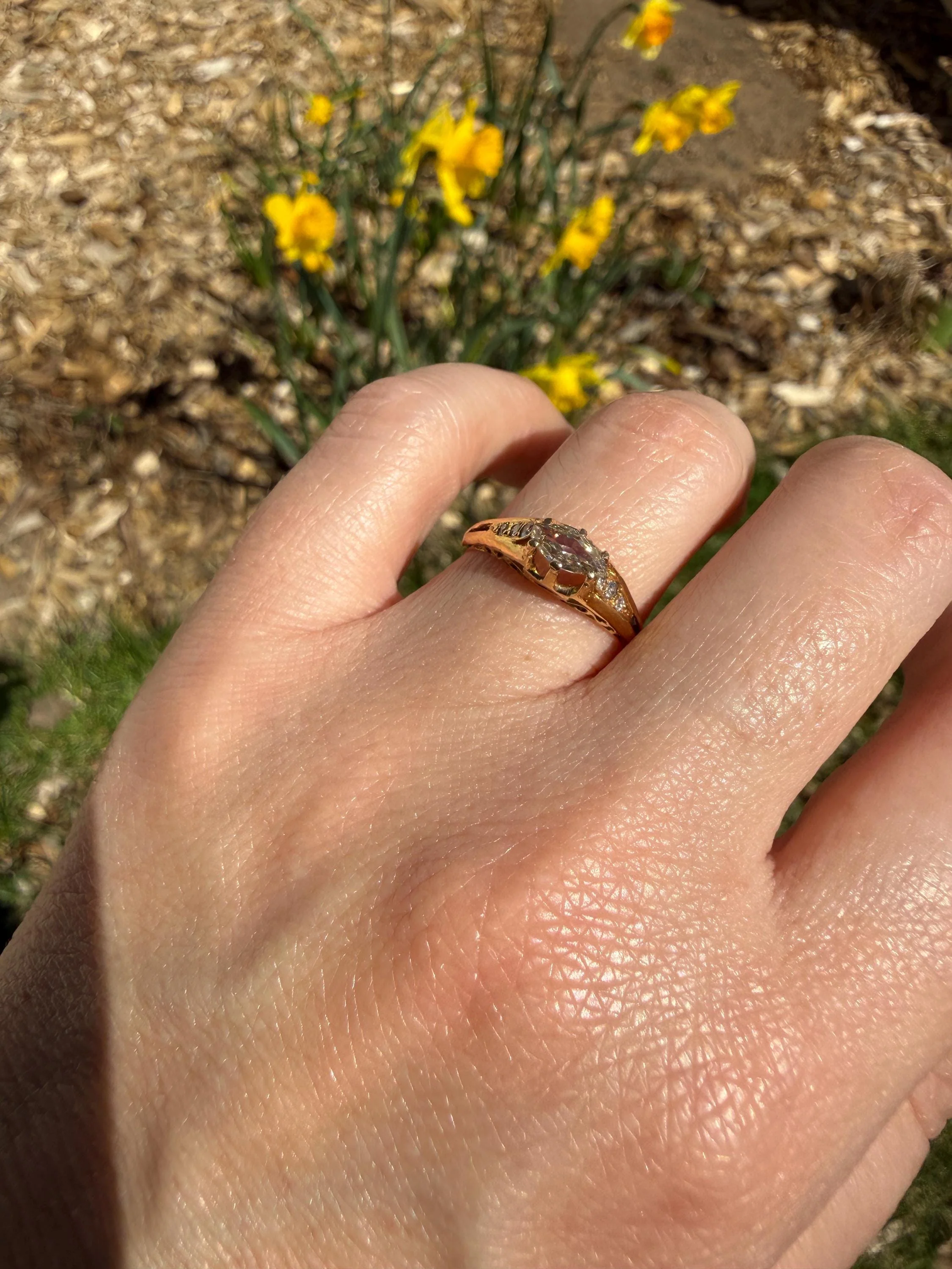 Marquise East West Old Mine Cut Ornate Filigree Ring 18k Gold French Antique Unique Band Stacker - Image 5