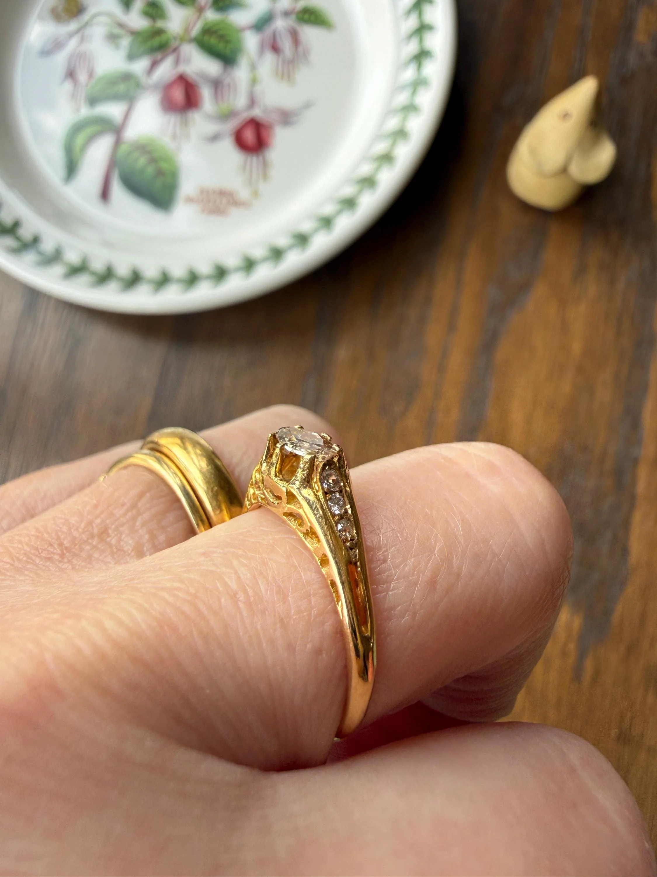 Marquise East West Old Mine Cut Ornate Filigree Ring 18k Gold French Antique Unique Band Stacker - Image 6