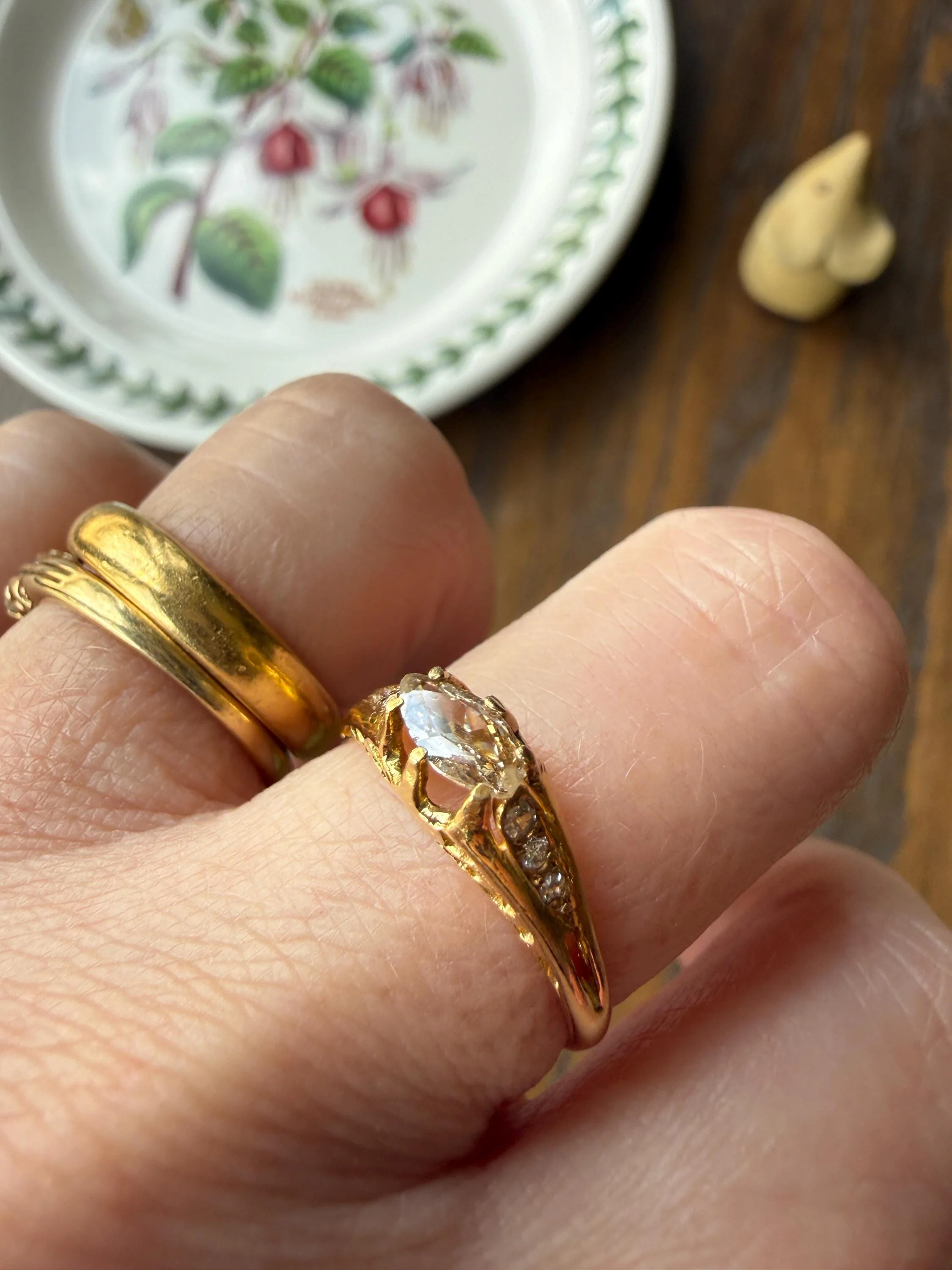 Marquise East West Old Mine Cut Ornate Filigree Ring 18k Gold French Antique Unique Band Stacker - Image 7